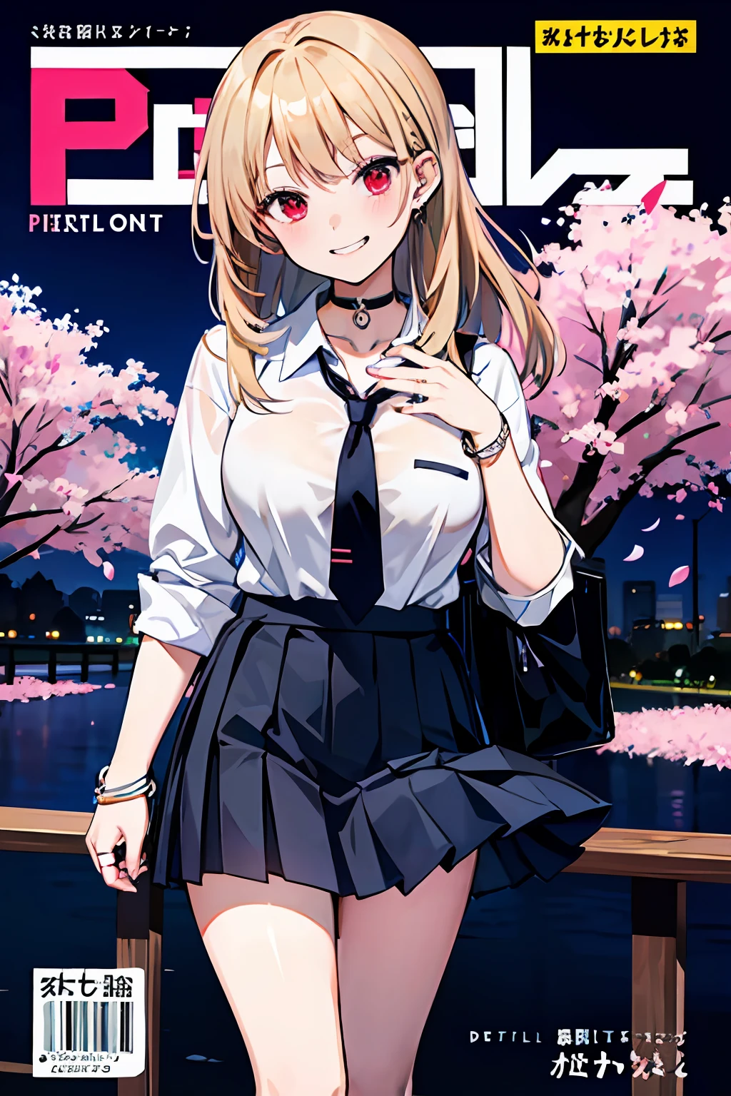 masterpiece, best quality,  full body,
1girl, bangs, black choker, black necktie, blonde hair, blue skirt, blush, bracelet, breasts, choker, clothes around waist, collarbone, collared shirt, cowboy shot, dress shirt, ear piercing, eyebrows visible through hair, gradient hair, grin, gyaru, jewelry, kogal, long hair, looking at viewer, loose necktie, necktie, piercing, plaid, plaid skirt, pleated skirt, red eyes, ring, school uniform, shirt, skirt, smile, solo, white shirt,
street, sky, cherry blossoms, petals,illustration, (magazine:1.3), (cover-style:1.3), fashionable, woman, vibrant, outfit, posing, front, colorful, dynamic, background,  elements, confident, expression, holding, statement, accessory, majestic, coiled, around, touch, scene, text, cover, bold, attention-grabbing, title, stylish, font, catchy, headline, larger, striking, modern, trendy, focus, fashion,