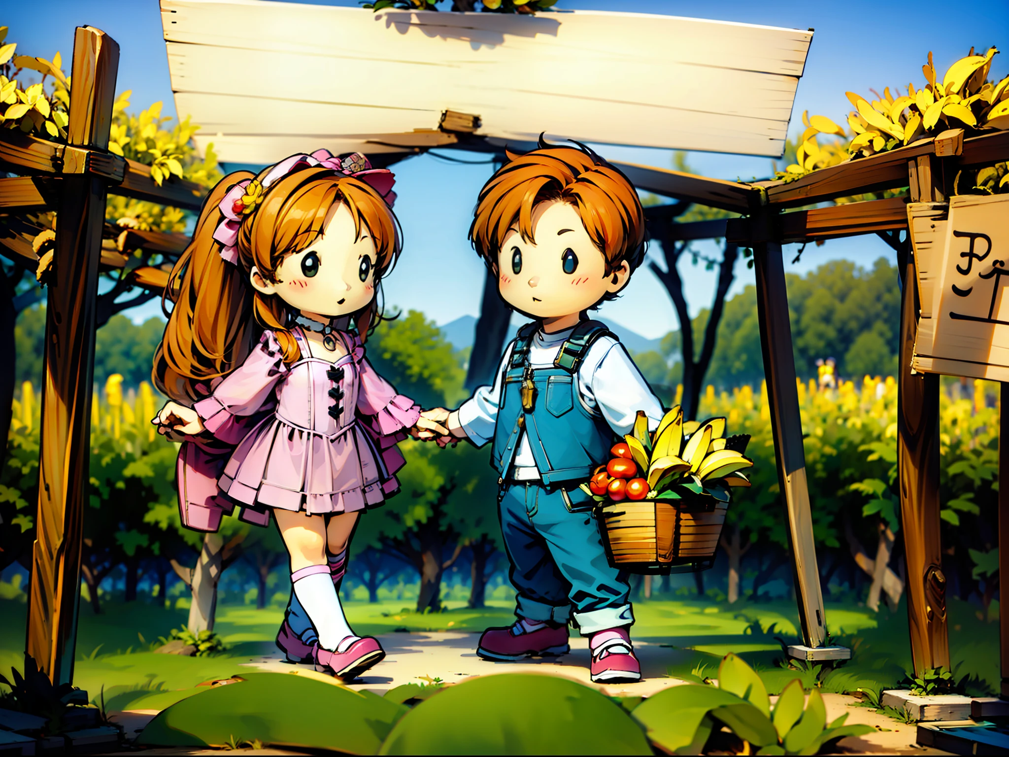1girl and 1boy, harvest banana,Orchard, chibimarmalade