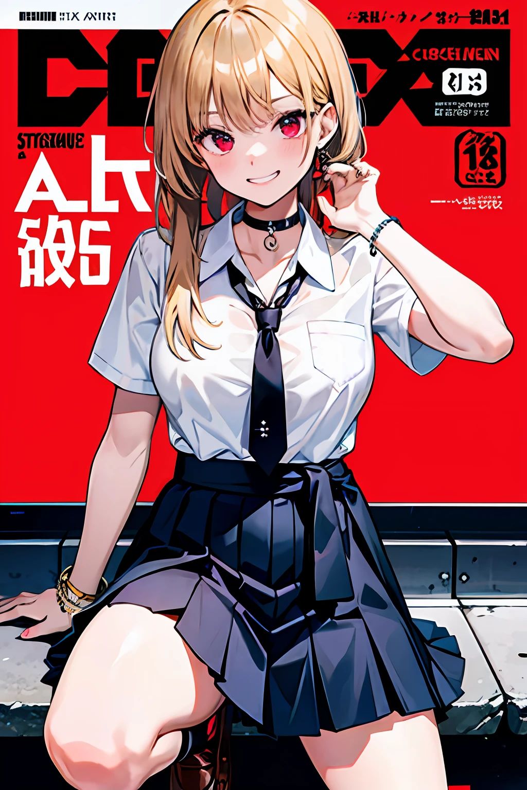 masterpiece, best quality,  full body,
1girl, bangs, black choker, black necktie, blonde hair, blue skirt, blush, bracelet, breasts, choker, clothes around waist, collarbone, collared shirt, cowboy shot, dress shirt, ear piercing, eyebrows visible through hair, gradient hair, grin, gyaru, jewelry, kogal, long hair, looking at viewer, loose necktie, necktie, piercing, plaid, plaid skirt, pleated skirt, red eyes, ring, school uniform, shirt, skirt, smile, solo, white shirt,
street, sky, cherry blossoms, petals,illustration, (magazine:1.3), (cover-style:1.3), fashionable, woman, vibrant, outfit, posing, front, colorful, dynamic, background,  elements, confident, expression, holding, statement, accessory, majestic, coiled, around, touch, scene, text, cover, bold, attention-grabbing, title, stylish, font, catchy, headline, larger, striking, modern, trendy, focus, fashion,