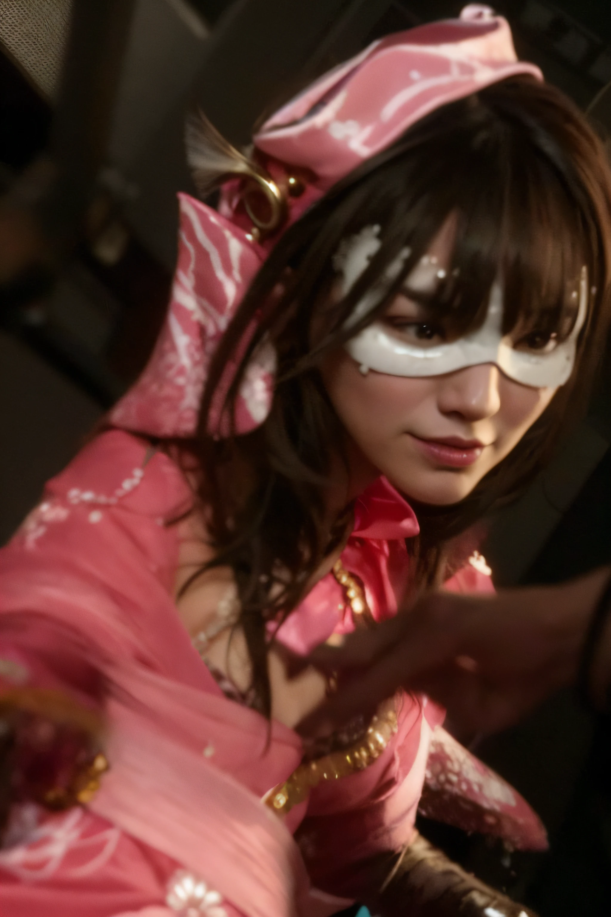 There is a woman in a pink dress with white face paint, Yoko Matsugane(I don't know about the fire dance), iu lee ji-eun as a super villain, japanese dc live action movie, bayonetta, tokusatsu, masayoshi suto and artgerm, Superhero, 5D, 5 d, maya ali as a lightning mage