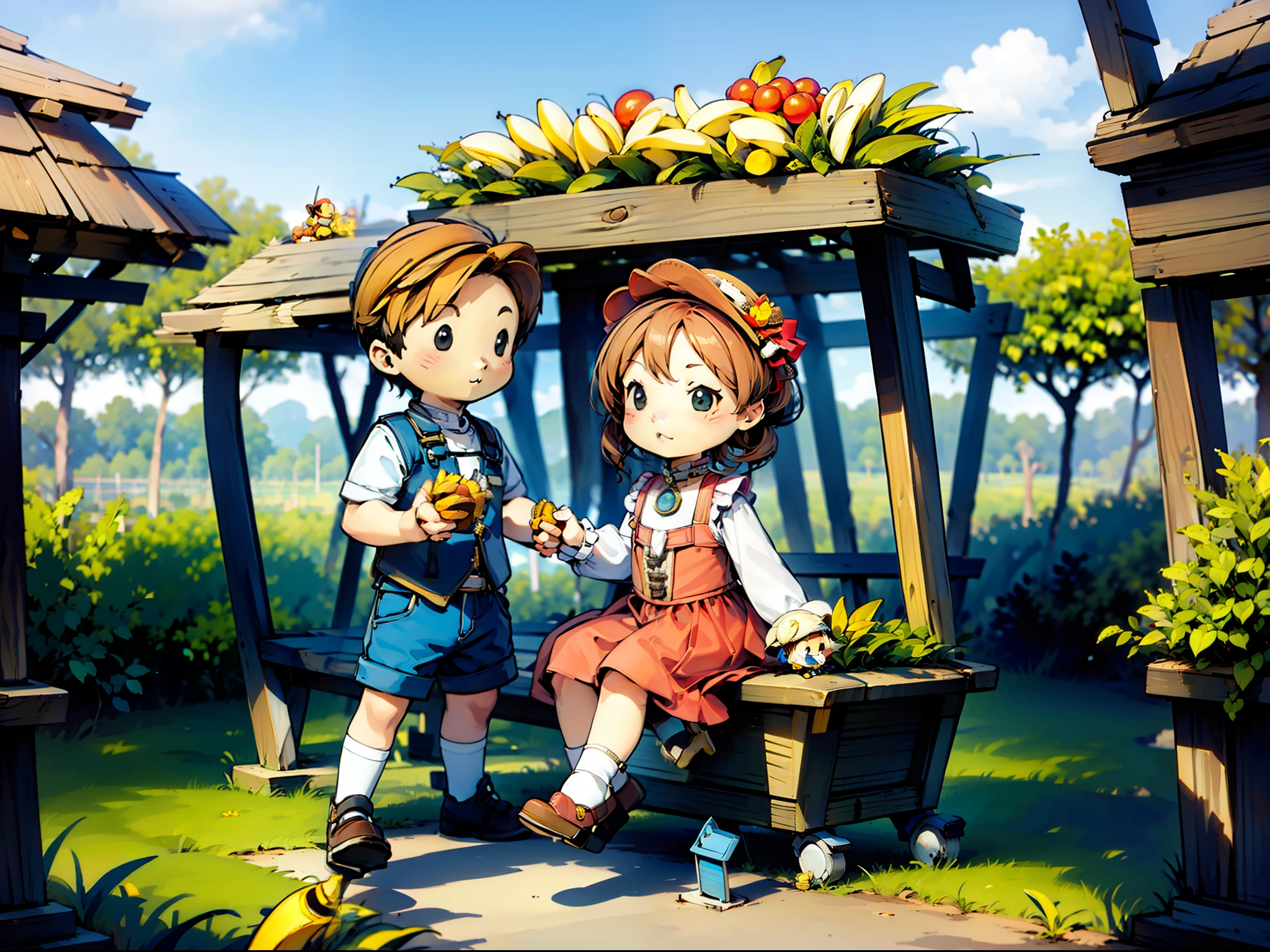 1girl and 1boy, harvest banana,Orchard, chibimarmalade