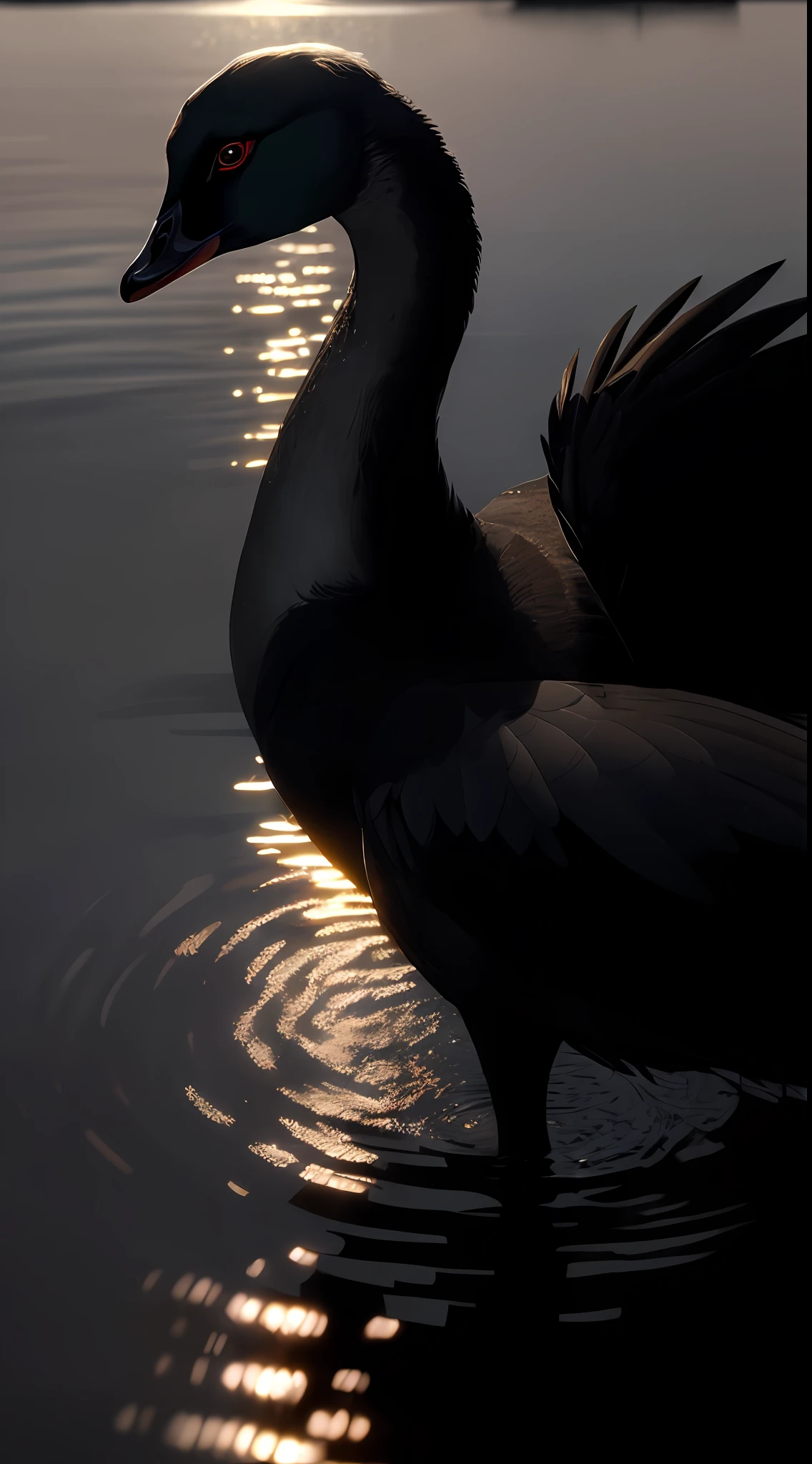 classicnegative portrait photo, close up photo of a black swan, animal, a black swan, in the water, soft volumetric lights, (backlit:1.3), (cinematic:1.2), intricate details, (ArtStation:1.3), fantasy, river, haze, halation, bloom, dramatic atmosphere, 1970s dark fantasy movie, centred, rule of thirds