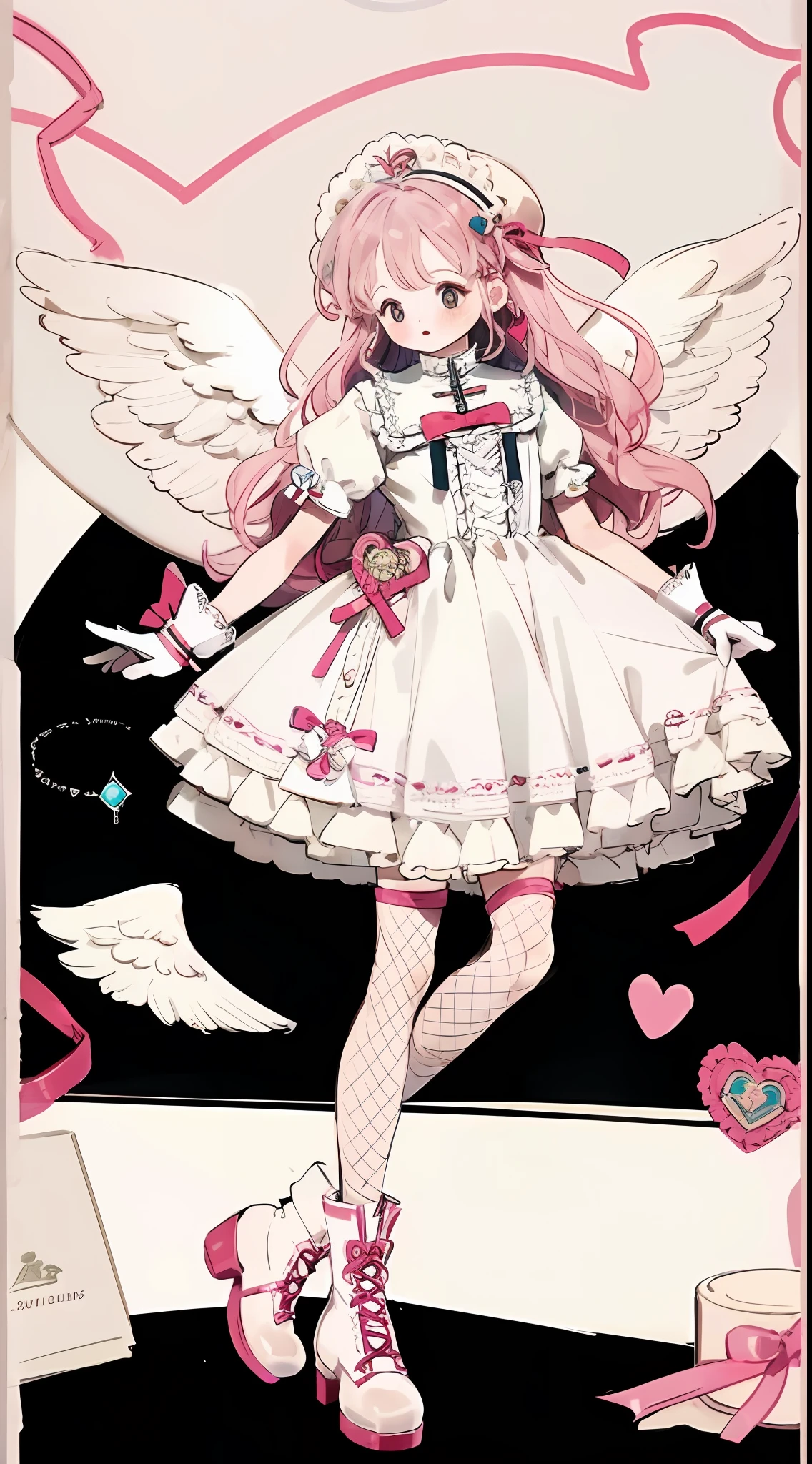 clothing design,leg loops,leg holsters,mitts,very intricate,Exquisite,Complex hairstyles,long whitr hair,tightly dress,Dress with clenching,frilld,Bow knot,ribbon,Feathered wings,Wings,crosses,Y2K,E-girls,Emotional,non-mainstream,A pink-haired,Love decoration,subculture,angelicales,white skirt,laughingly,Avant-garde and innovative clothing design,White high boots,White platform shoes,White lace-up boots,White leg covers,Ribbons,Heart-shaped gemstone jewelry,feater,softlighting,soft focus,Dreamy,White fishnet socks,white headgear,High brightness,Low contrast,Super long hair,afloat,floating feeling