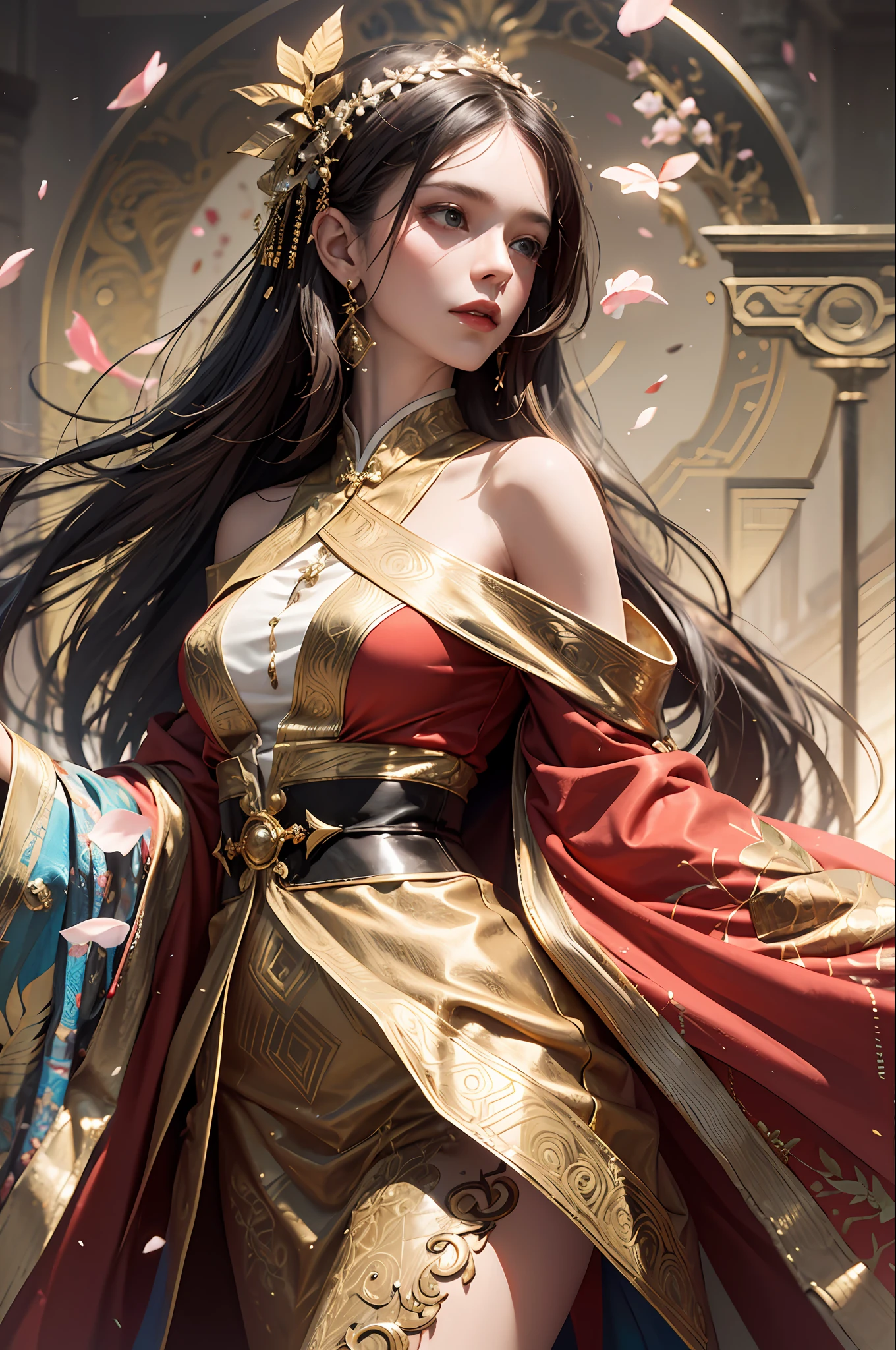 masterful fusion of elegance and power, boasting awe-inspiring and ethereal features. Its form is imbued with vibrant colours, clothing made out of the elements, off shoulders, intricate patterns, and graceful contours that evoke a sense of majesty. Radiating an enigmatic aura, this wondrous creation embodies the very essence of mythical artistry, best quality, masterpiece, highres, (exquisite body:1.5),gorgeous face,(milky skin:1.3),intricate details,high resolution,wallpaper,
1girl, solo, dress, hair ornament, (((gold and red dress))), flowers, long hair, brown hair, closed mouth, jewelry, long sleeves, hand up, wide sleeves, big eyes,floating hair, chinese clothes, hanfu, embroidery, long skirt, natural pose, falling petals, indoor,fanning, lantern,
16K,HDR,highres,depth field,(film grain:1.1),boken,golden hour,(lens flare),vignette,rainbowing,(color grading:1.5)