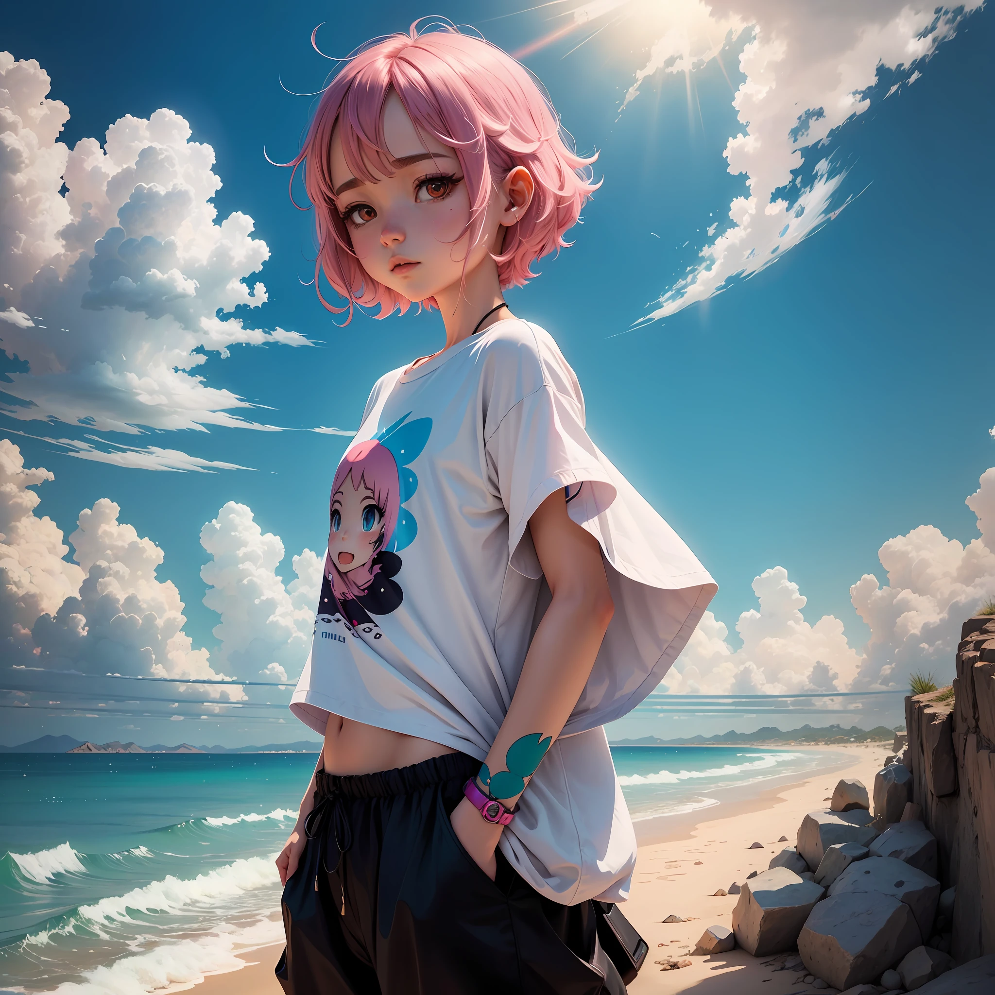 um close up de uma pessoa com uma camisa colorida e um olho rosa, dreamy psychedelic anime, Beeple e Jeremias Ketner, Arte no estilo de Guweiz, estilo anime. 8k, arte digital estilo anime, estilo anime 4K, por Yuumei, inspirado em Hikari Shimoda, Digital anime illustration, estilo de arte de anime, anime vibes --auto