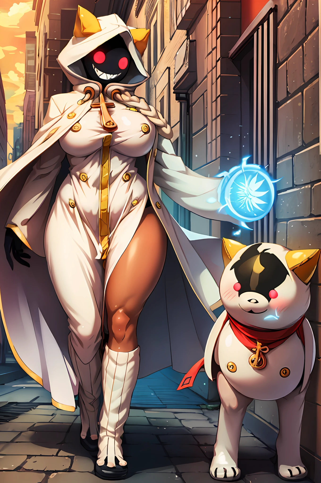 (masterpiece, best quality, high resolution, unity 8k wallpaper, extremely detailed CG:1.2), (illustration:1.0), beautiful detailed eyes, extremely detailed face, perfect lighting, cowboy shot, 1girl, taokakams, hood, animal hood, cat hood , hoodie, red eyes, grin, claws, breast, curvy, female,fantasy goddess,there is a cartoon picture of a woman with a very large breast, glowing angelic being, glowing holy aura, inspired by Luma Rouge, the non-binary deity of spring, ethereal rainbow nimbus, the butterfly goddess of fire, inspired by Marie Angel, glowing aura around her, astral fairy, as the goddess of the sun, “uwu the prismatic person, big breast, happy, beautiful eyes, , full body, walking, long robe, long dre, catgirlss, nun, priestess ,holy, smile, brown hair, cloak, vest, pullover, pants, darkskinned-female, sharpteeth, walking, boots, red eyes, long dress,