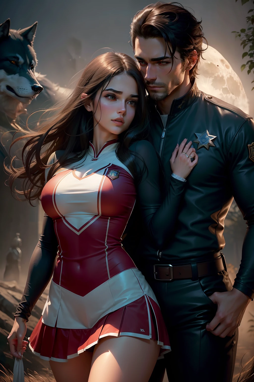Book cover, a beautiful girl, longe dark hair, brown eyes, dressing a cheerleader outfit, huging a attractive man, in sheriff clothes, fog, fullmoon, a shadow of a wolf in the back, photorealistc, cinematic, ultra detailed, dramatic lighting.