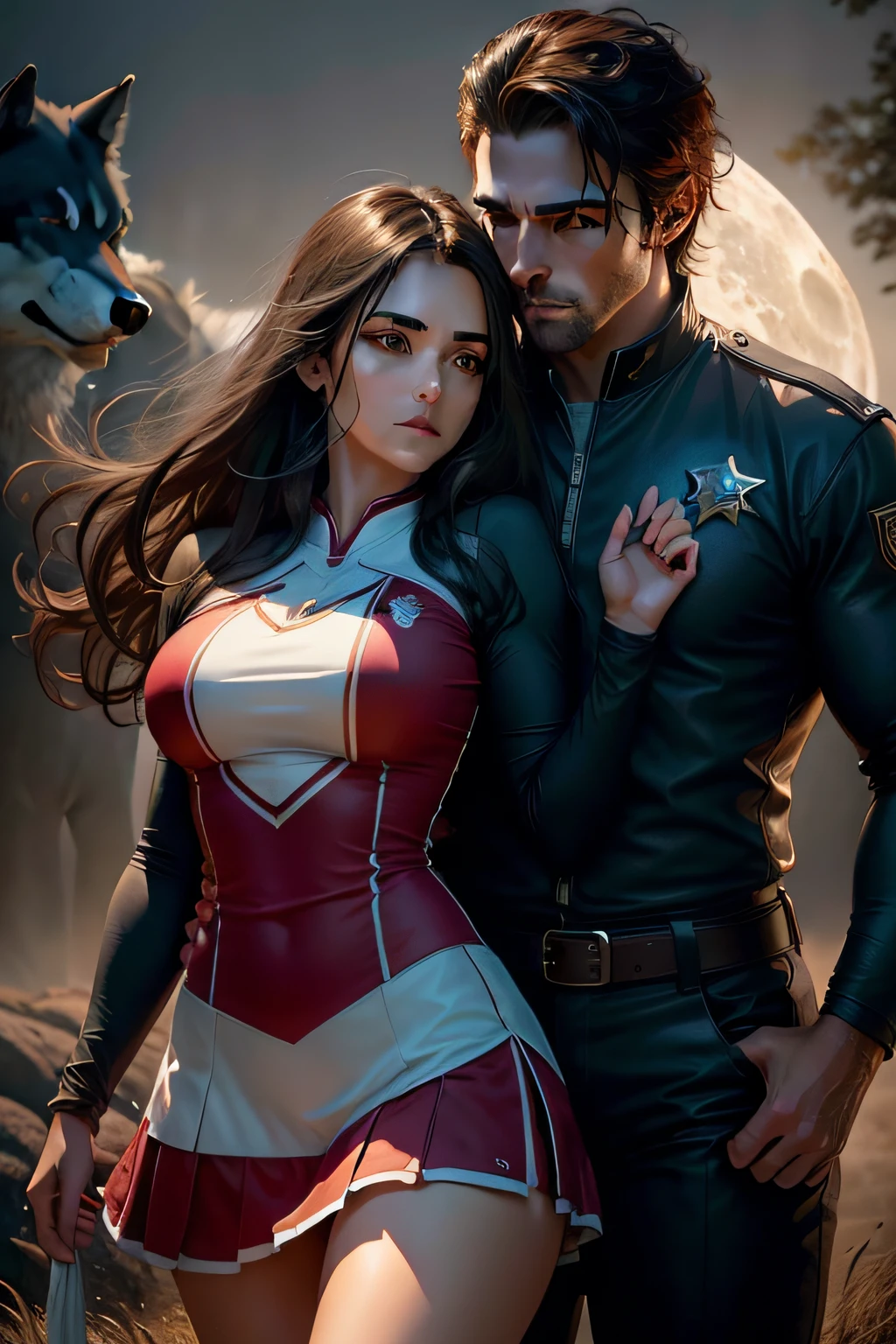Book cover, a beautiful girl, longe dark hair, brown eyes, dressing a cheerleader outfit, huging a attractive man, in sheriff clothes, fog, fullmoon, a shadow of a wolf in the back, photorealistc, cinematic, ultra detailed, dramatic lighting.