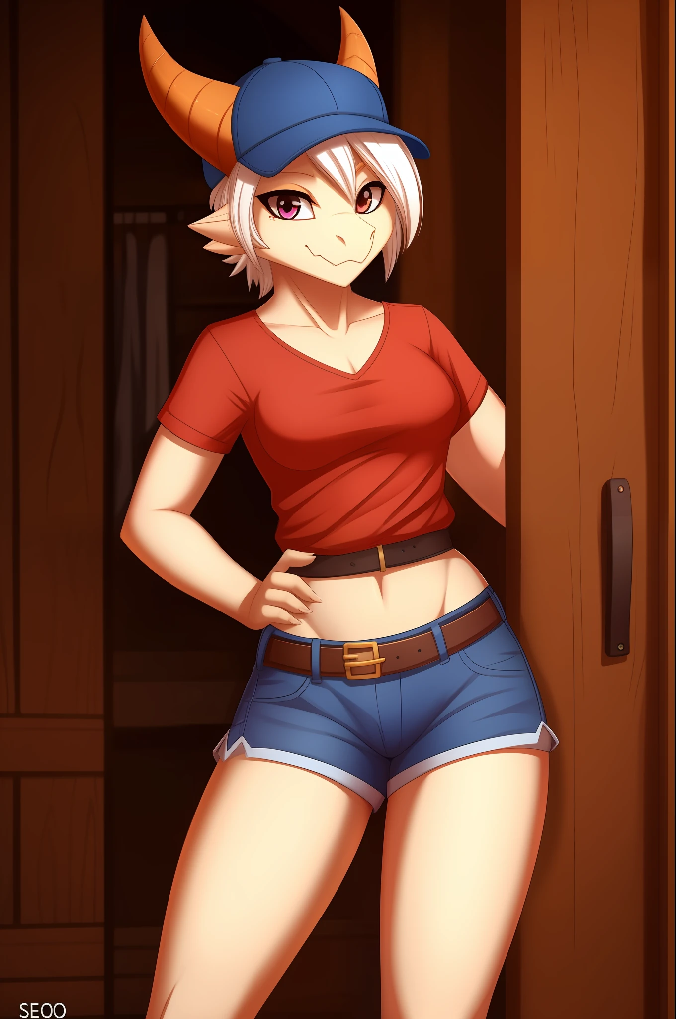 kobold, short shorts, seios, female, 8k, cap, perfect, perfect anatomy, hair, belt, white hair, cute