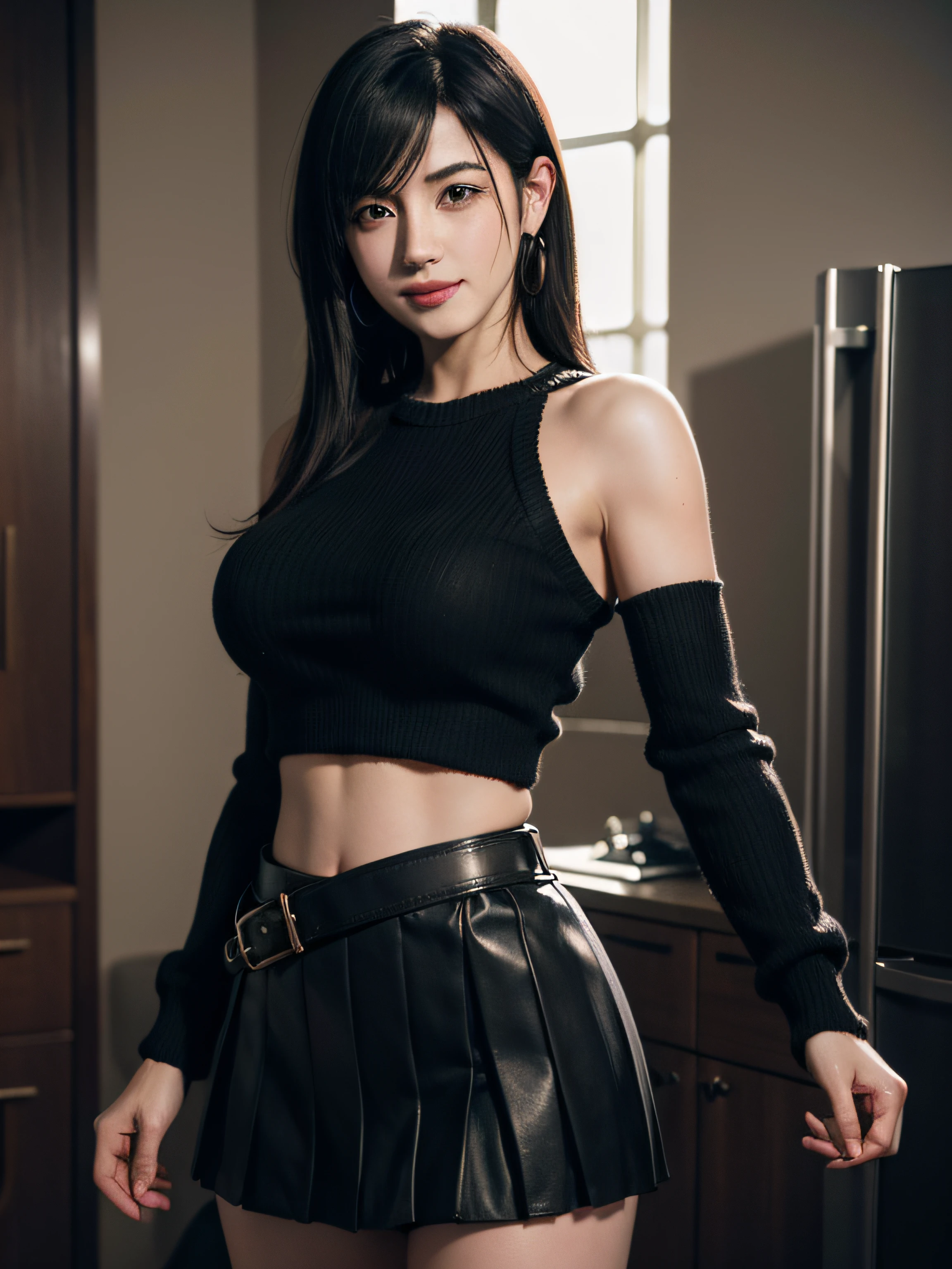 (Tifa Lockhart), oversized sweater, pleated skirt, girl, waist up, smile, beautiful lighting, deep shadow, best quality, masterpiece, ultra highres, photorealistic