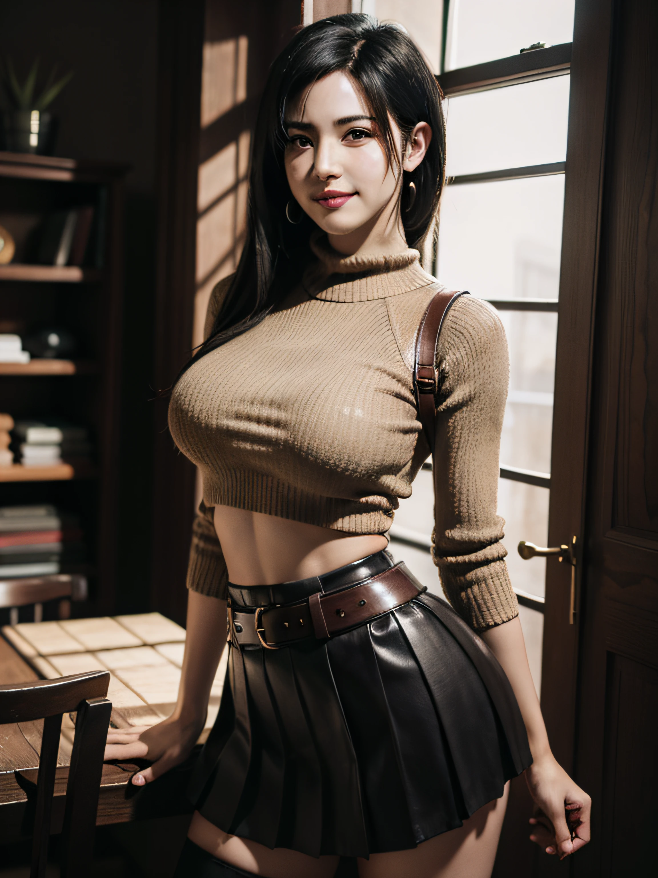 (Tifa Lockhart), oversized sweater, pleated skirt, girl, waist up, smile, beautiful lighting, deep shadow, best quality, masterpiece, ultra highres, photorealistic