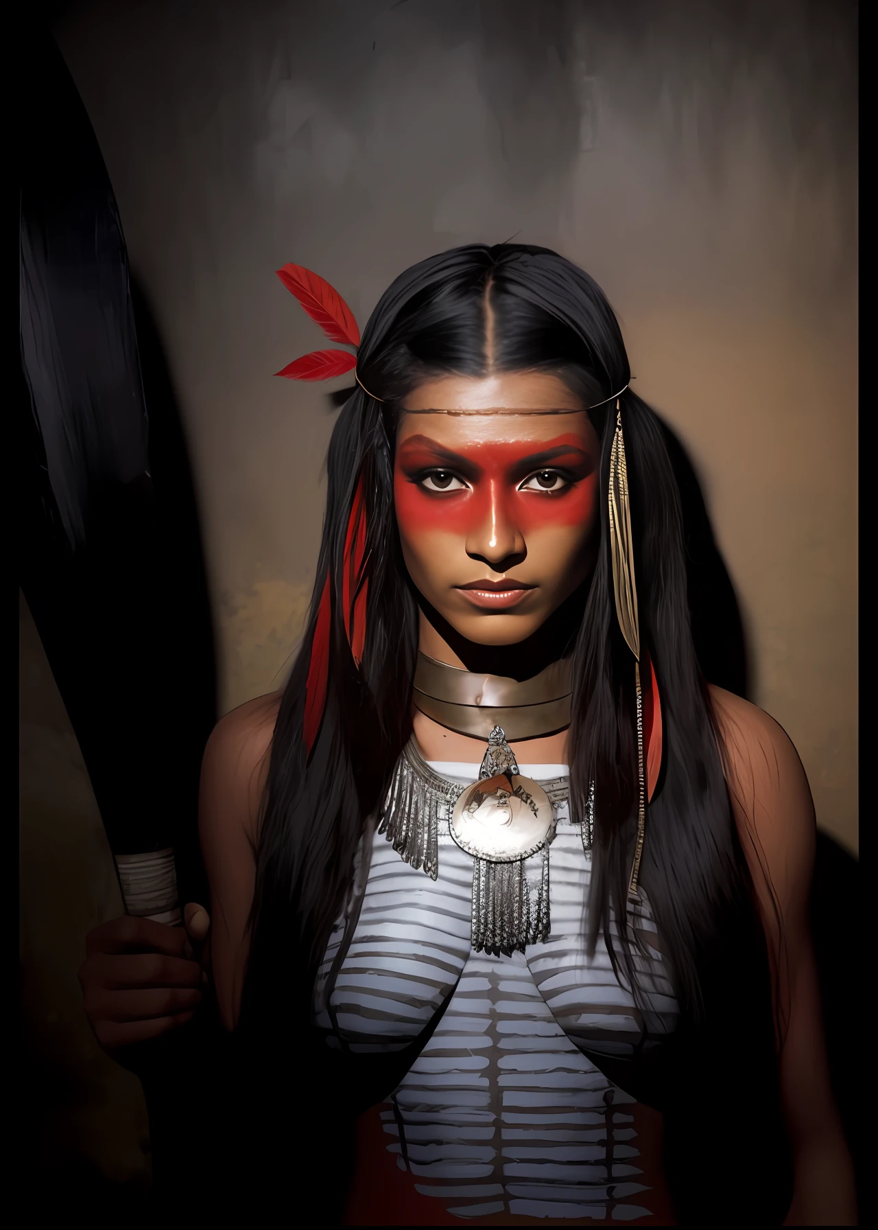 mulher arafed com pintura vermelha do rosto e cocar de pena segurando uma faca, maquiagem tribal, pintura do rosto do guerreiro vermelho, pintura facial tribal, usando tinta de guerra, amazon indian peoples in brazil, tinta de guerra, pinturas tribais do rosto, Indian warrior, atmosfera vermelha tribal, INDIAN, provocative indian, ESTILO TRIBAL, tinta tribal, Warrior Woman, a young female shaman, maquiagem tradicional