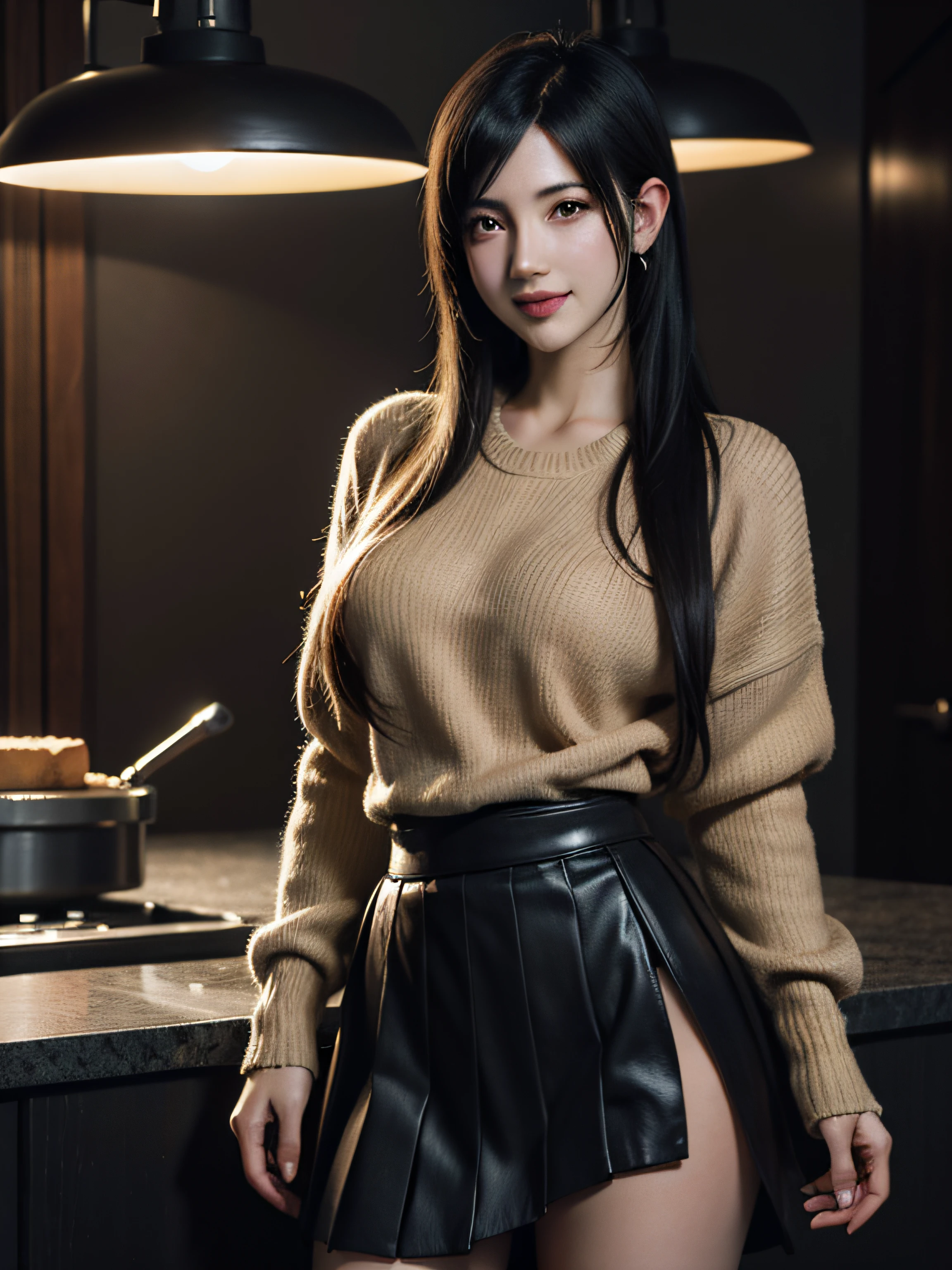 (Tifa Lockhart), oversized sweater, pleated skirt, girl, waist up, smile, beautiful lighting, deep shadow, best quality, masterpiece, ultra highres, photorealistic