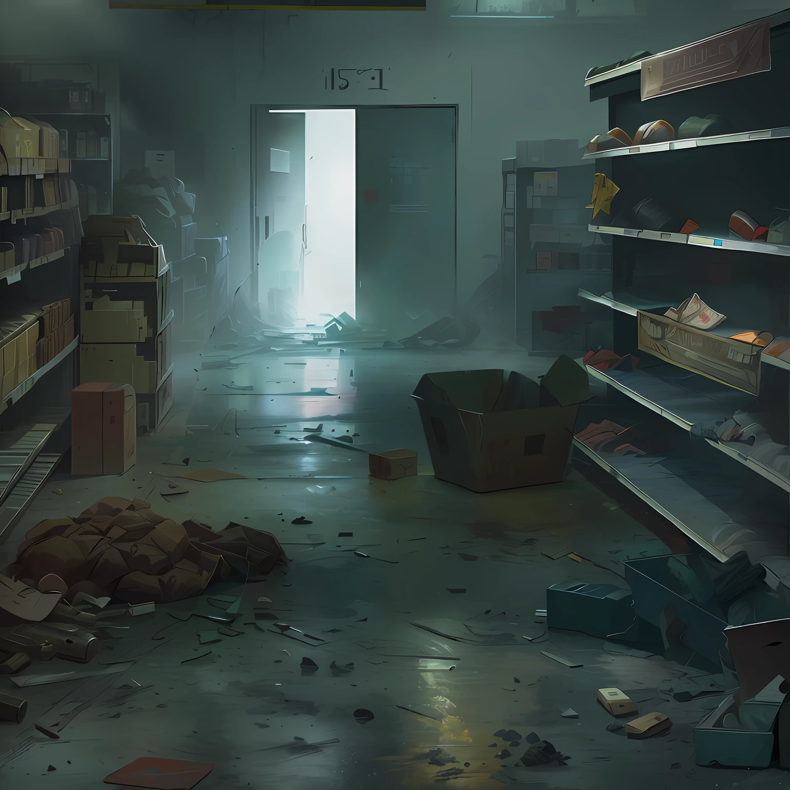 Clean and empty view of Fh's supermarket Aladis，The door is open, photorealistic dark concept art, eerie nostalgic concept art, post grunge concept art, Dystopian digital concept art, Post-apocalyptic shopping mall, concept art for a video game, indie game concept art, inspired by Ismail Inceoglu, silent hill concept art, detailed atmospheric and gritty