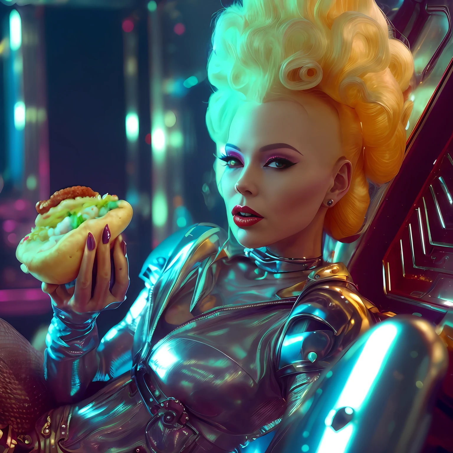 lady in a silver outfit holding a hot dog in her hand, inspired by David LaChapelle, modeling photograph kerli koiv, but futuristic food, 8 0's style tomasz alen kopera, david la chapelle, barbie cyborg, editorial photograph, when mars attacks, cyberpunk high fashion, by David LaChapelle, cyborg fashion shot, retro futuristic fashion