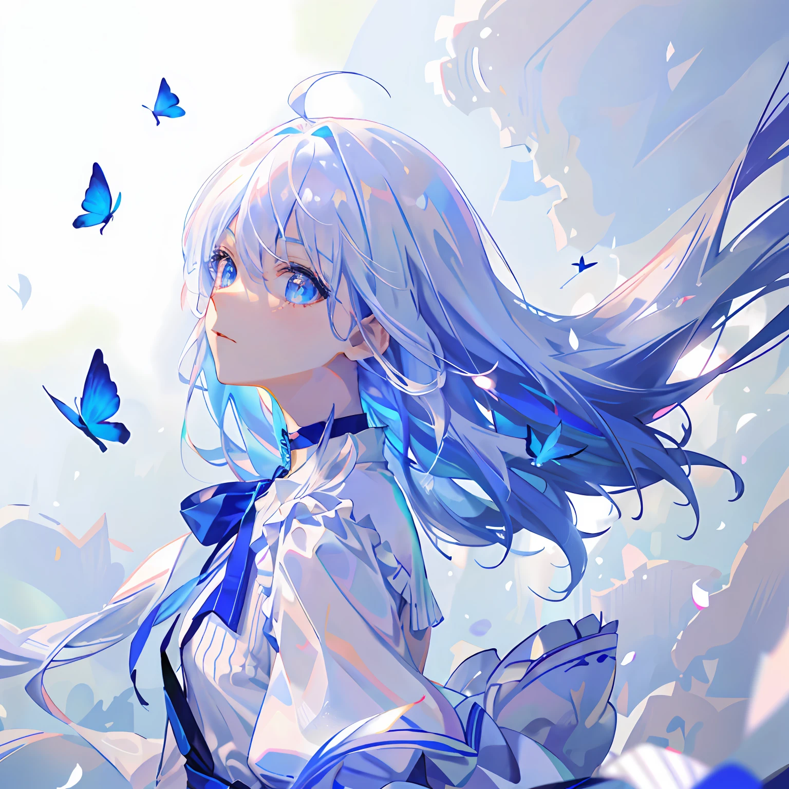 8k wallpaper，tmasterpiece，电影灯光，best qualtiy，illustratio，Dramatic angle，（（a color：1.1）），（（colored inner hair：1.4）），1girl，独奏，long whitr hair，Eau，eBlue eyes，choker，parted lip, White choker, liquid hair, white color hair, By bangs, From the side Side, Lateral face, Upper body, blue hairs, simplebackground, greybackground, exposed bare shoulders, sportrait, looking at viewert,，blue skirts，1girl，blue color eyes，long  white hair，Flying blue butterflies，, white backgrounid，耳Nipple Ring，