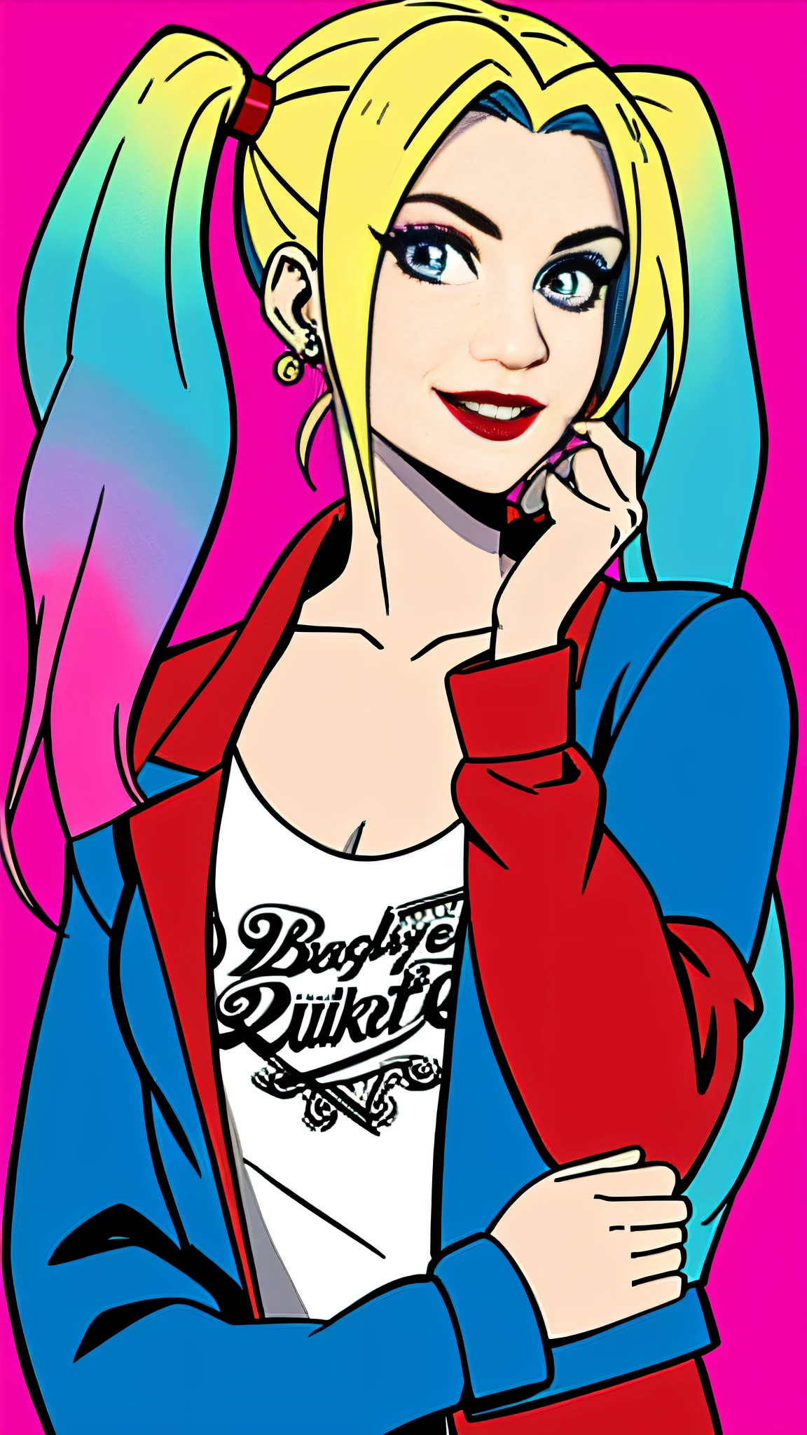 masterpiece, best quality, high quality, 1girl, solo,
harley quinn, twintails, smile, blue eyes, blonde hair, jacket, multicolored clothes, blue hair, looking at viewer, makeup, multicolored hair, multicolored jacket, simple background, shirt, blue background, open jacket, upper body, earrings, gradient hair, jewelry, open clothes, collarbone, long hair, red lips, blue jacket, red jacket, red hair, lipstick, long sleeves, multicolored shirt, pink hair, clothes writing, upper body, medium breasts,