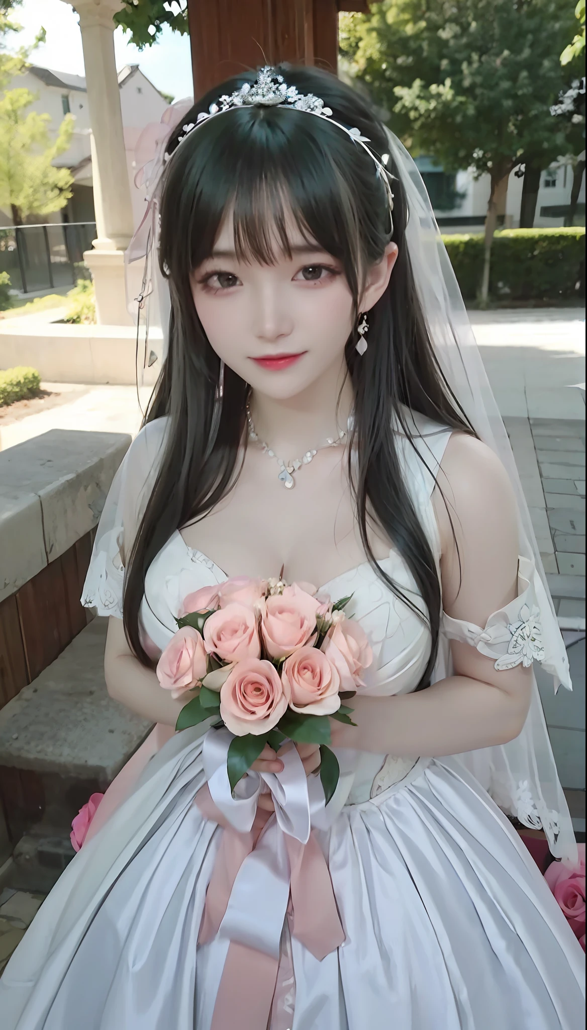 best qualtiy, (tmasterpiece:1.4), (8K, realisticlying, RAW photos, best qualtiy: 1.4), Beautiful bride,Head flower,headdress,(Bandeau wedding dress:1.5),(Silk dress:1.2),dress,necklace,earring,huge tit,Neck ornaments,Deep V peach heart collar wedding dress,Liuhai,Bouquet,mitts,Bridal veil,Forehead ornaments,Transparent veil,Bust photo,(Strapless wedding dress:1.5),lipstick,High detail RAW color art,Outdoors,A park