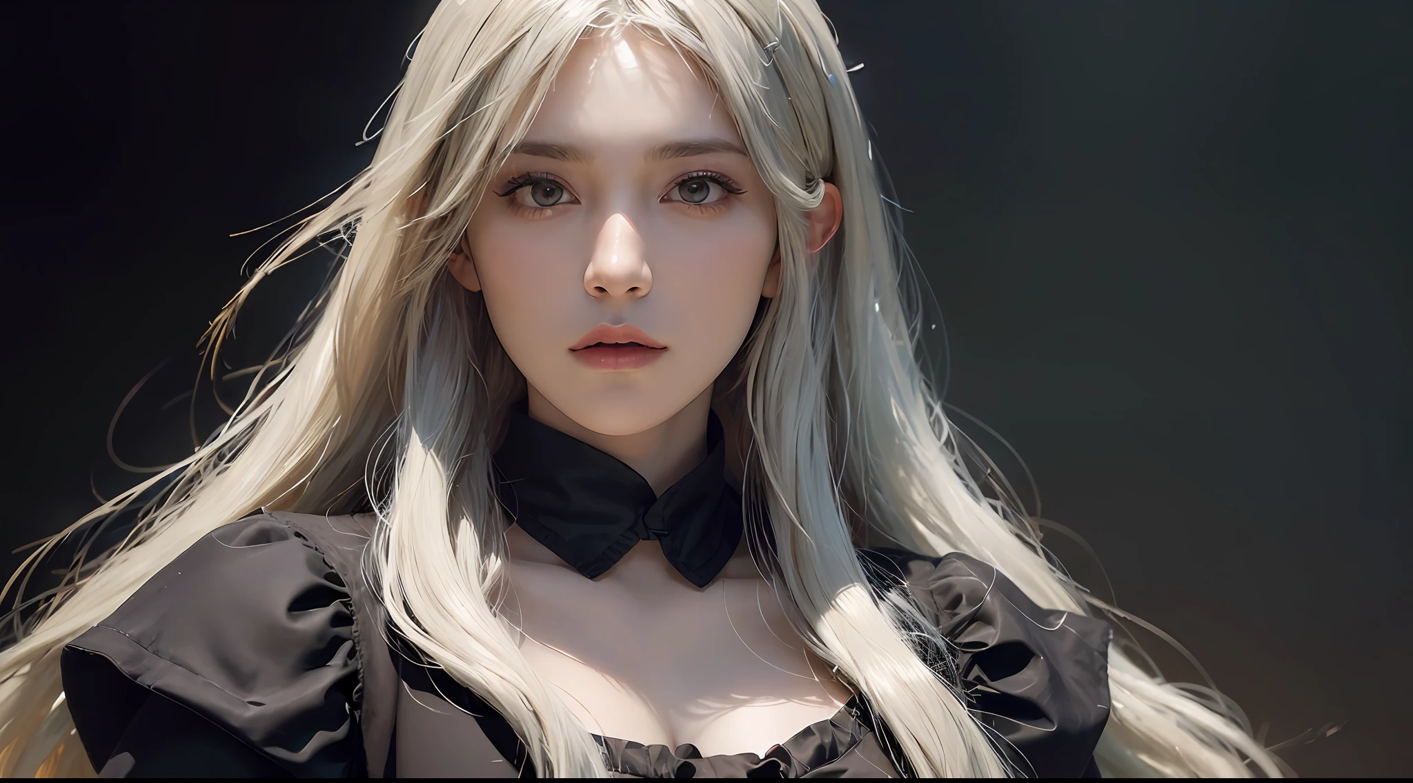 (front focus),(in the dark:1.6),
Hyperrealist portrait of female by david hockney and alphonse mucha,fantasy art, photo realistic, dynamic lighting, artstation, poster, volumetric lighting, very detailed faces, 4 k, award winning,, 1girl, in the dark, deep shadow, low key,cowboy shot,(official clothing:1.4) ,long hair,white hair,