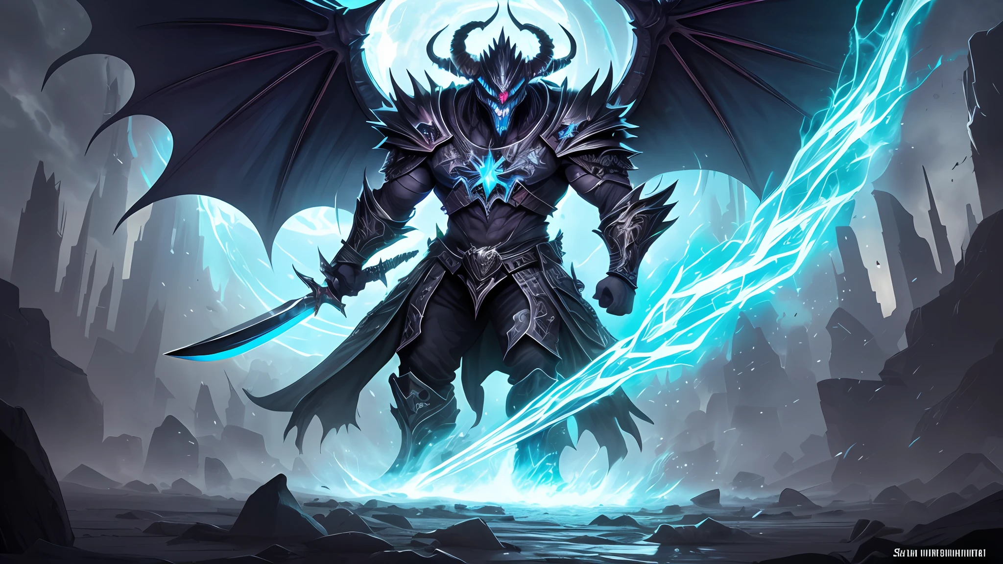 ((masterpiece))), (((best quality))), ((ultra-detailed)), (hyper-realistic), (highly detailed CG illustration), cinematic light, photorealistic, A demon warrior emerges from the depths of the abyss, a creature of imposing stature and malevolent power. Towering over ordinary mortals, this fearsome entity exudes an aura of darkness and dread. Muscles ripple beneath its midnight-hued skin, giving it an appearance of formidable strength and primal vigor. Large, leathery wings sprout from its back, their span seemingly vast enough to eclipse the light. These wings, like tattered shadows, serve as a testament to the demon's connection to realms beyond the mortal plane. With each powerful beat, they unleash gusts of wind that seem to carry the scent of smoldering embers and ancient incantations. From the demon's skull-like visage, a pair of burning eyes glow with an inner fire, revealing a malevolent intelligence that holds an intimate understanding of both physical and spiritual warfare. A crown of twisted horns adorns its forehead, curving with a sinister grace that hints at arcane knowledge and forbidden power. Clad in obsidian armor that appears to meld seamlessly with its form, the demon warrior's presence is both foreboding and awe-inspiring. The armor shimmers with an otherworldly iridescence, reflecting an unsettling blend of colors from the abyss. Engraved with arcane symbols and sigils, the armor seems to channel dark energies and amplify the demon's already formidable might. In its clawed hands, the demon wields a massive, serrated blade – a weapon that appears as if it was forged in the heart of a dying star. The blade gleams with an eerie, unholy light, casting an eerie glow on the surroundings. Each strike of the weapon sends ripples of malevolent energy through the air, leaving a trail of distortion in its wake. --auto --s2