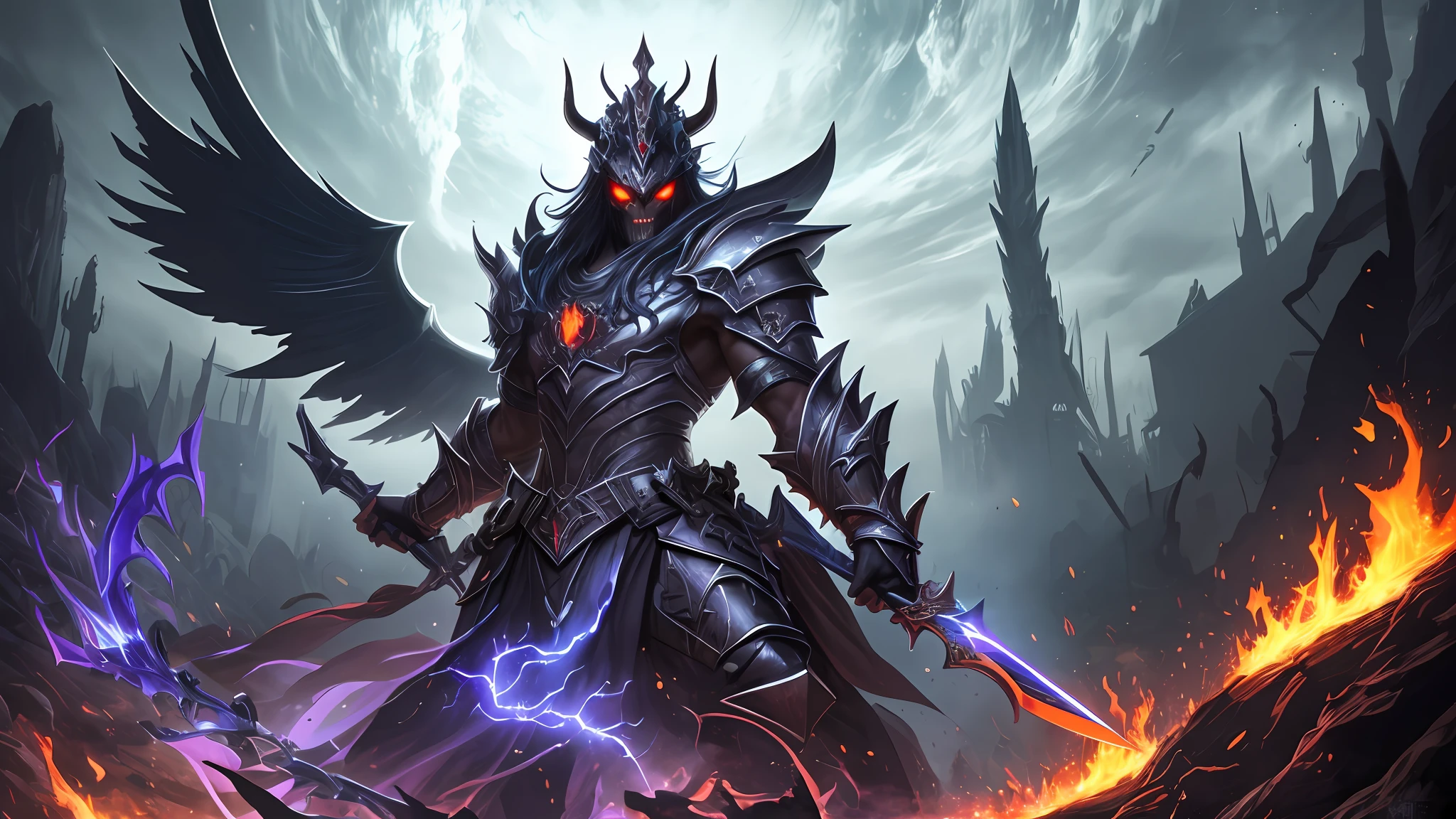 ((masterpiece))), (((best quality))), ((ultra-detailed)), (hyper-realistic), (highly detailed CG illustration), cinematic light, photorealistic, A demon warrior emerges from the depths of the abyss, a creature of imposing stature and malevolent power. Towering over ordinary mortals, this fearsome entity exudes an aura of darkness and dread. Muscles ripple beneath its midnight-hued skin, giving it an appearance of formidable strength and primal vigor.  Large, leathery wings sprout from its back, their span seemingly vast enough to eclipse the light. These wings, like tattered shadows, serve as a testament to the demon's connection to realms beyond the mortal plane. With each powerful beat, they unleash gusts of wind that seem to carry the scent of smoldering embers and ancient incantations.  From the demon's skull-like visage, a pair of burning eyes glow with an inner fire, revealing a malevolent intelligence that holds an intimate understanding of both physical and spiritual warfare. A crown of twisted horns adorns its forehead, curving with a sinister grace that hints at arcane knowledge and forbidden power.  Clad in obsidian armor that appears to meld seamlessly with its form, the demon warrior's presence is both foreboding and awe-inspiring. The armor shimmers with an otherworldly iridescence, reflecting an unsettling blend of colors from the abyss. Engraved with arcane symbols and sigils, the armor seems to channel dark energies and amplify the demon's already formidable might.  In its clawed hands, the demon wields a massive, serrated blade – a weapon that appears as if it was forged in the heart of a dying star. The blade gleams with an eerie, unholy light, casting an eerie glow on the surroundings. Each strike of the weapon sends ripples of malevolent energy through the air, leaving a trail of distortion in its wake. --auto --s2