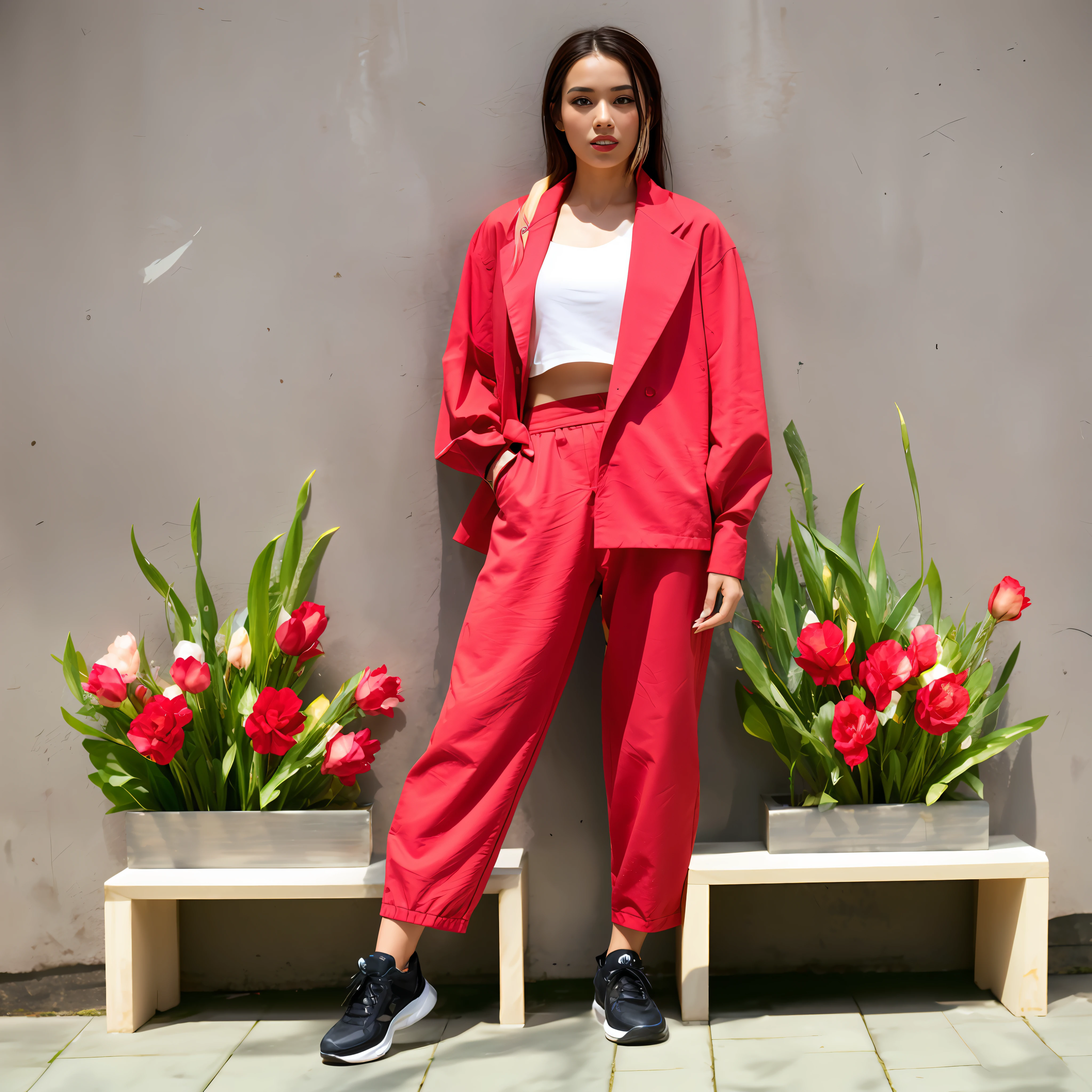 there is a woman standing next to a wall with flowers, red suit, wearing a red outfit, wearing a black and red suit, red jacket, all red, red jumpsuit, red clothes, cool red jacket, bright trouser suit for a rave, wearing red attire, wearing red, monochromatic red, wearing red clothes, wearing red jacket