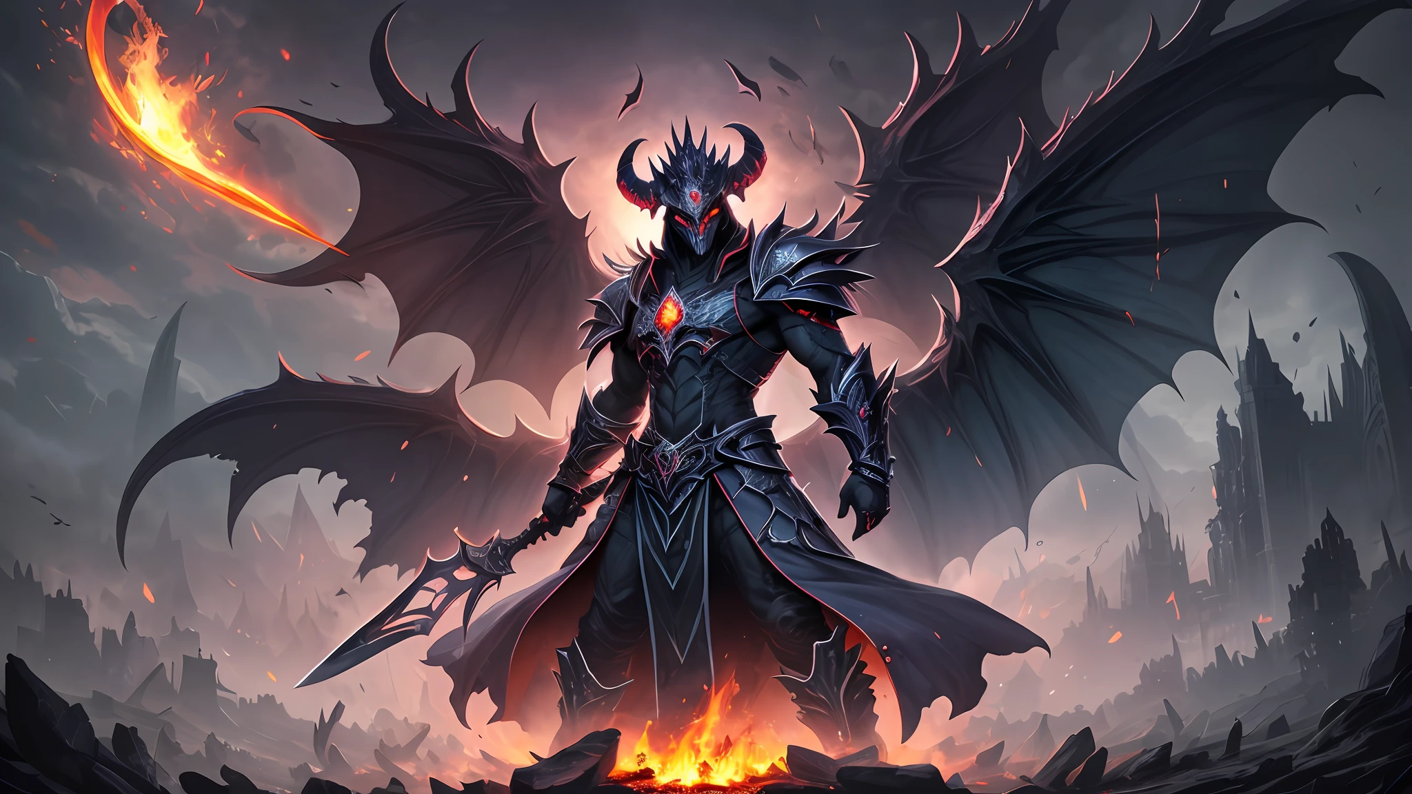 ((masterpiece))), (((best quality))), ((ultra-detailed)), (hyper-realistic), (highly detailed CG illustration), cinematic light, photorealistic, A demon warrior emerges from the depths of the abyss, a creature of imposing stature and malevolent power. Towering over ordinary mortals, this fearsome entity exudes an aura of darkness and dread. Muscles ripple beneath its midnight-hued skin, giving it an appearance of formidable strength and primal vigor.  Large, leathery wings sprout from its back, their span seemingly vast enough to eclipse the light. These wings, like tattered shadows, serve as a testament to the demon's connection to realms beyond the mortal plane. With each powerful beat, they unleash gusts of wind that seem to carry the scent of smoldering embers and ancient incantations.  From the demon's skull-like visage, a pair of burning eyes glow with an inner fire, revealing a malevolent intelligence that holds an intimate understanding of both physical and spiritual warfare. A crown of twisted horns adorns its forehead, curving with a sinister grace that hints at arcane knowledge and forbidden power.  Clad in obsidian armor that appears to meld seamlessly with its form, the demon warrior's presence is both foreboding and awe-inspiring. The armor shimmers with an otherworldly iridescence, reflecting an unsettling blend of colors from the abyss. Engraved with arcane symbols and sigils, the armor seems to channel dark energies and amplify the demon's already formidable might.  In its clawed hands, the demon wields a massive, serrated blade – a weapon that appears as if it was forged in the heart of a dying star. The blade gleams with an eerie, unholy light, casting an eerie glow on the surroundings. Each strike of the weapon sends ripples of malevolent energy through the air, leaving a trail of distortion in its wake. --auto --s2