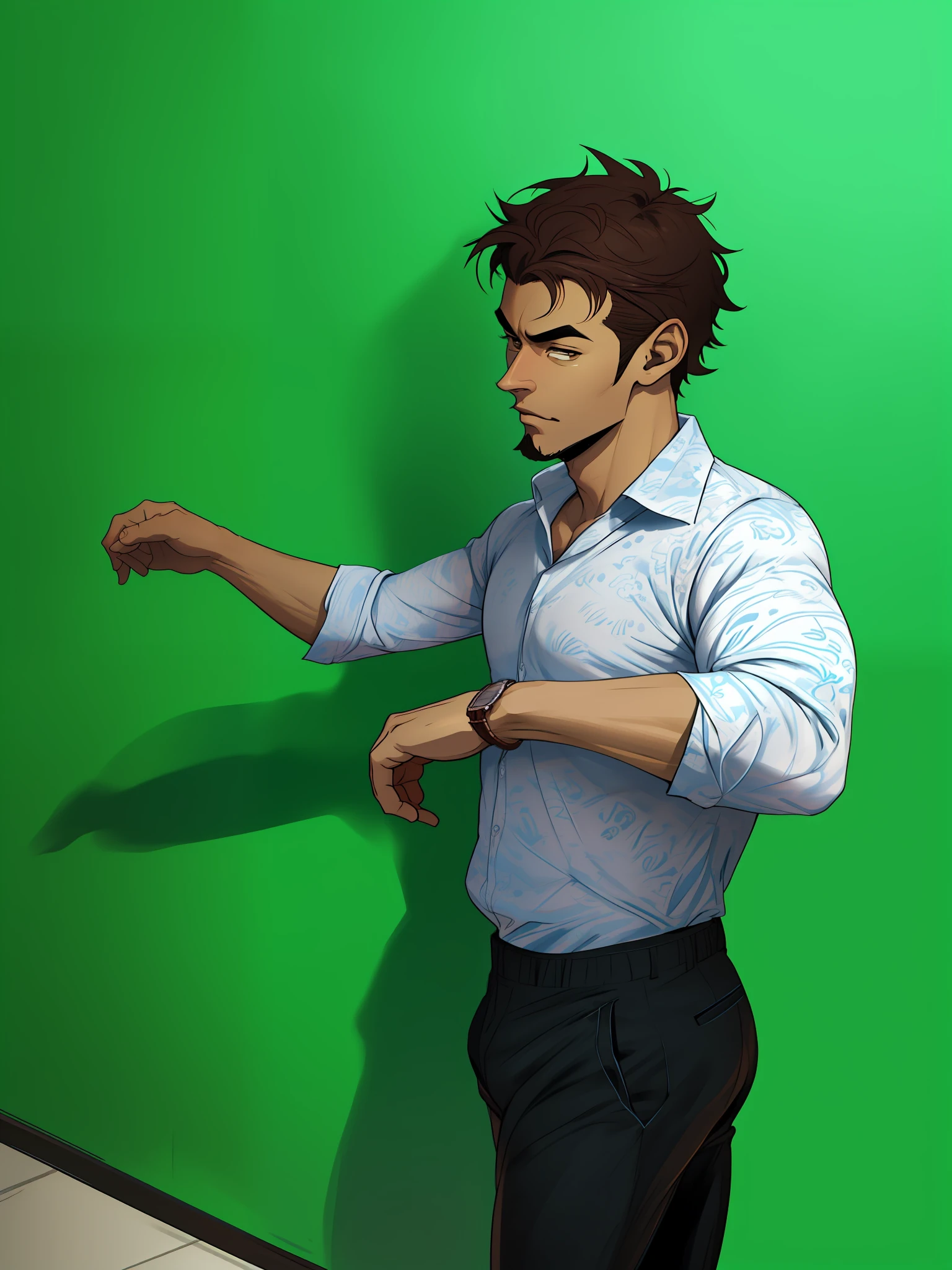 turn this man to cartoon style, brown skin, blue color shirt,handsome man , black jin pant