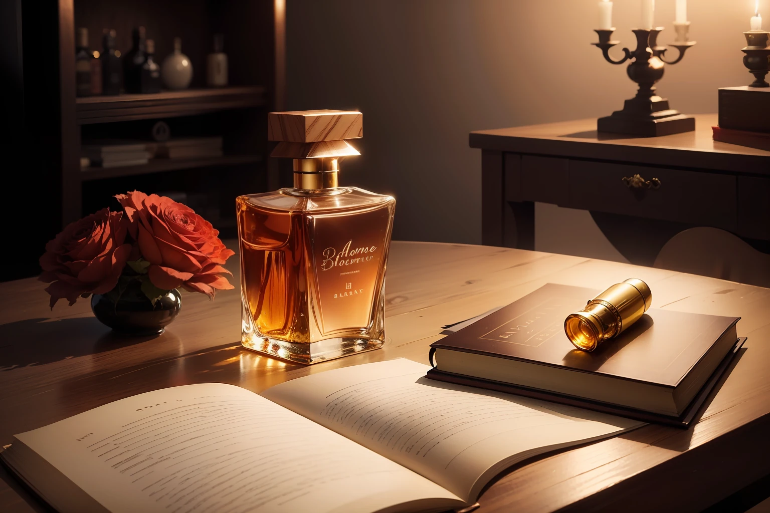 image of a bottle of perfume on a wooden table, with the perfume's name and scent written on the label. The bottle is made of clear glass, with a golden stopper. The perfume is a deep, rich red color, and it shimmers in the light. The wooden table is dark and smooth, with a few books and a candle placed on top. The overall scene is elegant and luxurious, with a hint of mystery.