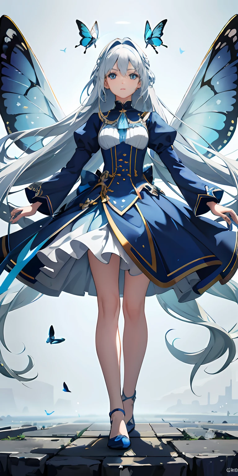 A high resolution, Masterpiece, Best quality,blue skirts,1girl,blue color eyes,long white hair,Flying blue butterflies, Simple background, Game CG, Ultra detailed, Cinematic lighting, High contrast, Sharpen,
Skinny, Floating hair, Tall, Detailed clothes, Aqua Eye, Fire