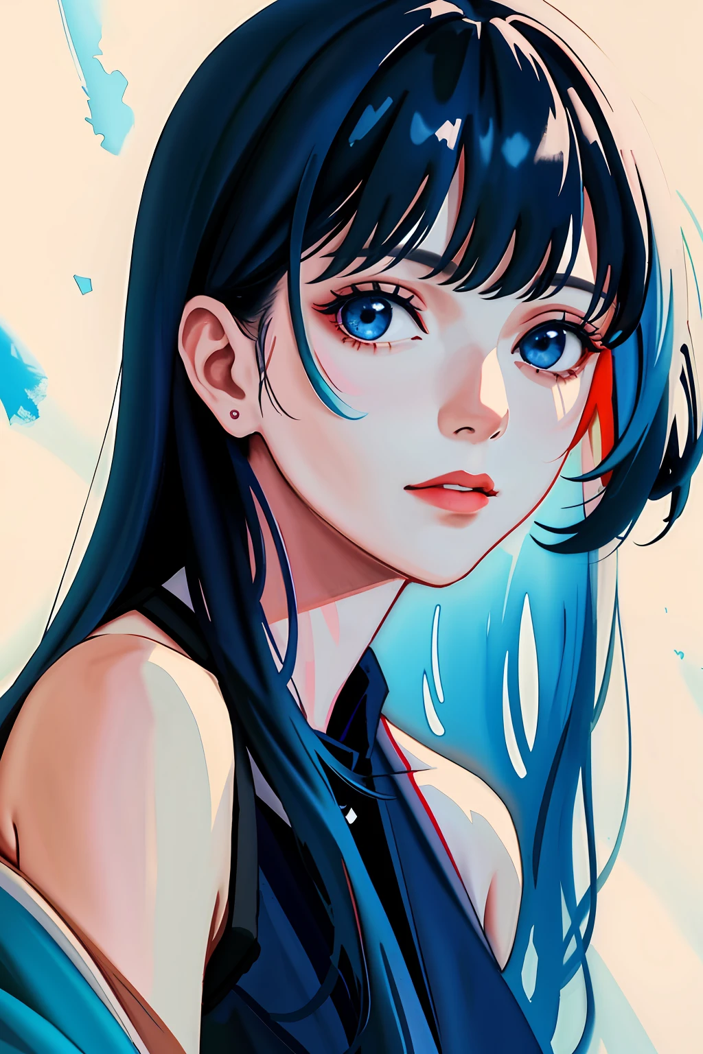 (highres, best quality:1.2), radiance, soft contours, beautiful drawing, concept art, detailed background, bright colors, 1girl, (8k, best quality, masterpiece:1.2),(best quality:1.0), (ultra highres:1.0), watercolor, 1girl, by agnes cecile, half body portrait, extremely luminous bright design, pastel colors, traditional media, watercolor \(medium), watercolor background, ((blue black red color scheme))