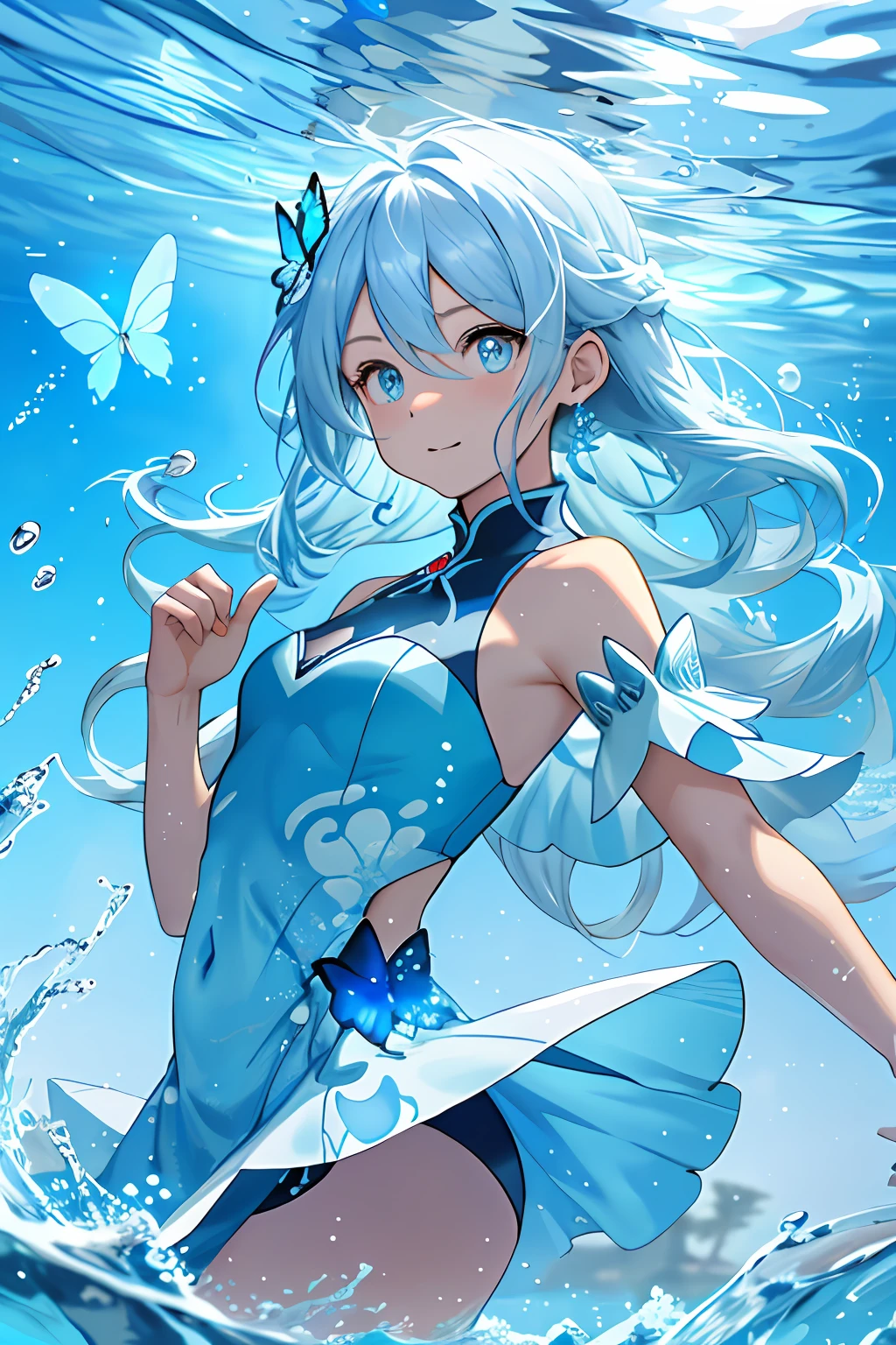 8K,,Blue water,airbubble,cartoonish style,Ray traching!,(Ray traching),Depth,Sparkling water,Water surface mirroring,1girll,blue color eyes,long white hair,Flying blue butterflies,比基尼