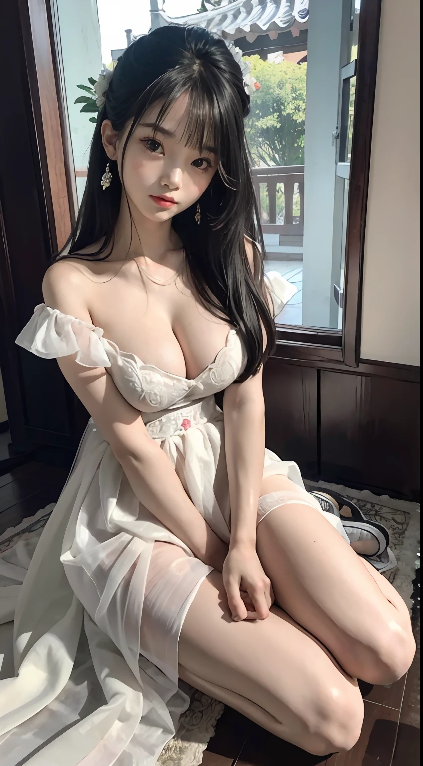 Master quality, highest quality, best picture quality, exaggerated details, goddess of moonlight cute old asian little girl with a shy expression, slightly squinted eyes, adjusting her hair, long eyelashes (long hair / very, very exaggerated big breasts, big tits / in petticoat dress tissue, ), posing sit in front of the camera, wet breast hanfu open v chest clothes, full body xianxia, high heel diamond, erotic