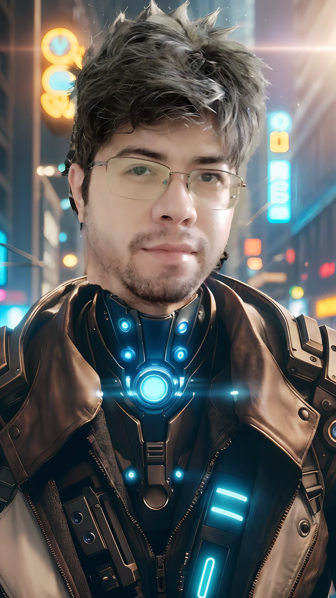 Hyper-realistic close up portrait of a (cyberpunk man), ((male)), (bronze) skin, detailed (one striking blue human eye and one cybernetic glowing eye), rugged, adaptive, (half human face, half cybernetic enhancements seamlessly integrated), (futuristic neon-lit cityscape reflecting in the cybernetic eye), with a detailed enigmatic face, full body, (fashionable and functional cyberpunk attire), regal, elegant, realistic, hyper realistic, highly detailed, depth of field, Detailed and Intricate, Photo, HD, Cinematic, Dynamic Lighting, (bokeh), ((beautiful)), lens flare, (god rays:1.1), (cinema effect), gradient colour progression, cinematic film grain, (subsurface scattering)
,((detailed face and eyes)), (detailed iris:1.3)