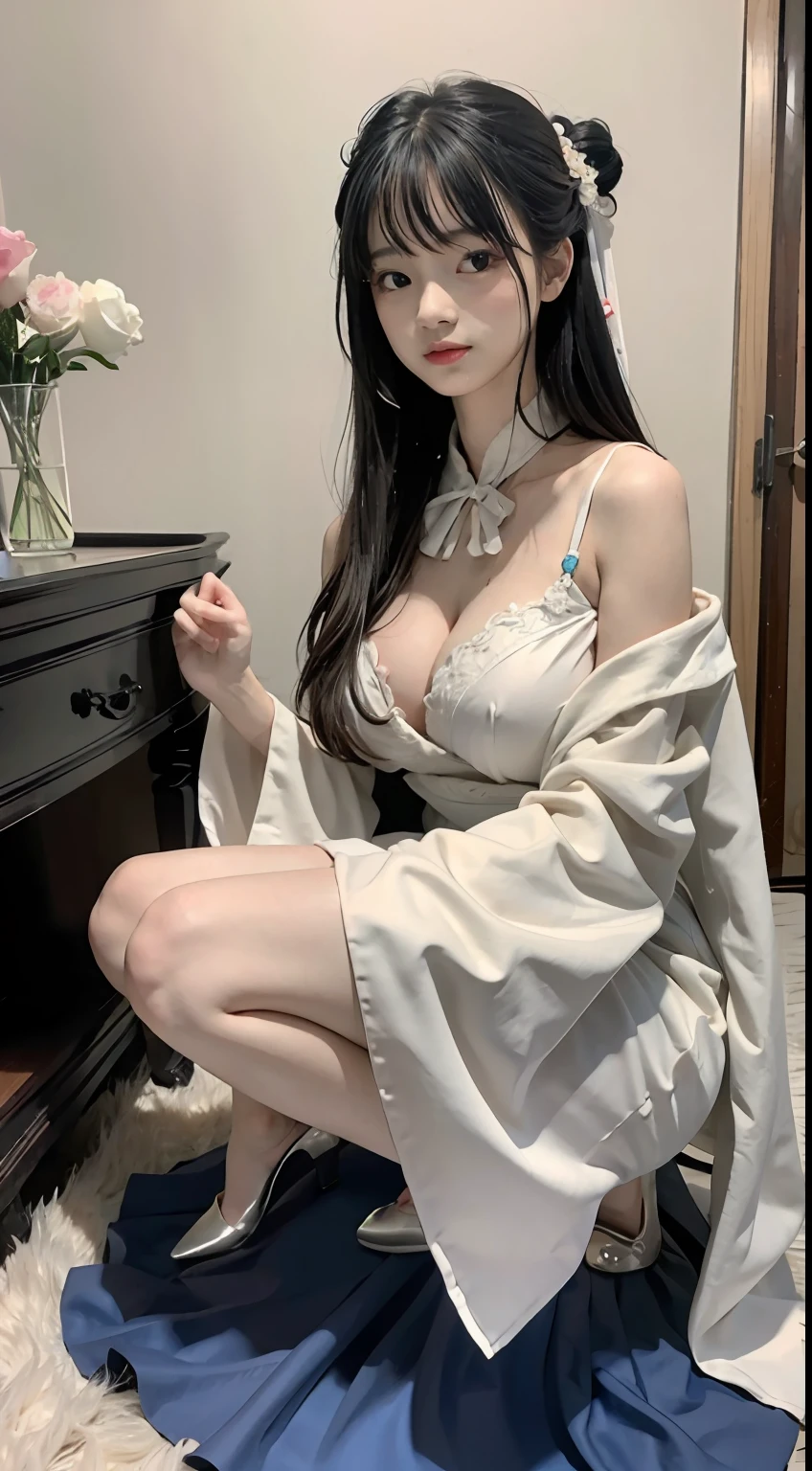 Master quality, highest quality, best picture quality, exaggerated details, goddess of moonlight cute 10 year old asian with a shy expression, slightly squinted eyes, adjusting her hair, long eyelashes (long hair / very, very exaggerated big breasts, big tits / in petticoat dress tissue, ), posing sit in front of the camera, wet breast hanfu open v chest clothes, full body xianxia, high heel diamond, erotic