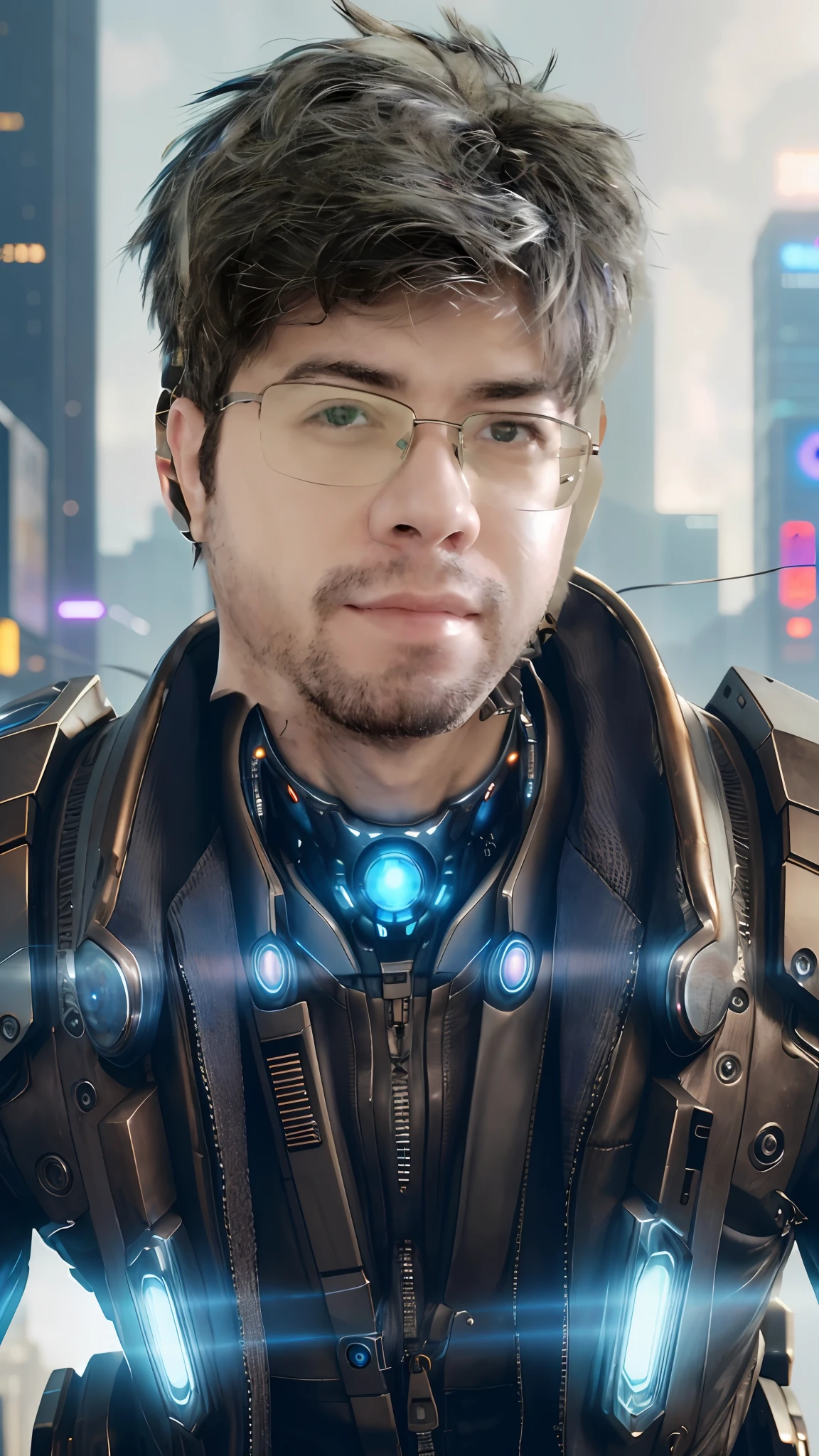 Hyper-realistic close up portrait of a (cyberpunk man), ((male)), (bronze) skin, detailed (one striking blue human eye and one cybernetic glowing eye), rugged, adaptive, (half human face, half cybernetic enhancements seamlessly integrated), (futuristic neon-lit cityscape reflecting in the cybernetic eye), with a detailed enigmatic face, full body, (fashionable and functional cyberpunk attire), regal, elegant, realistic, hyper realistic, highly detailed, depth of field, Detailed and Intricate, Photo, HD, Cinematic, Dynamic Lighting, (bokeh), ((beautiful)), lens flare, (god rays:1.1), (cinema effect), gradient colour progression, cinematic film grain, (subsurface scattering)
,((detailed face and eyes)), (detailed iris:1.3)