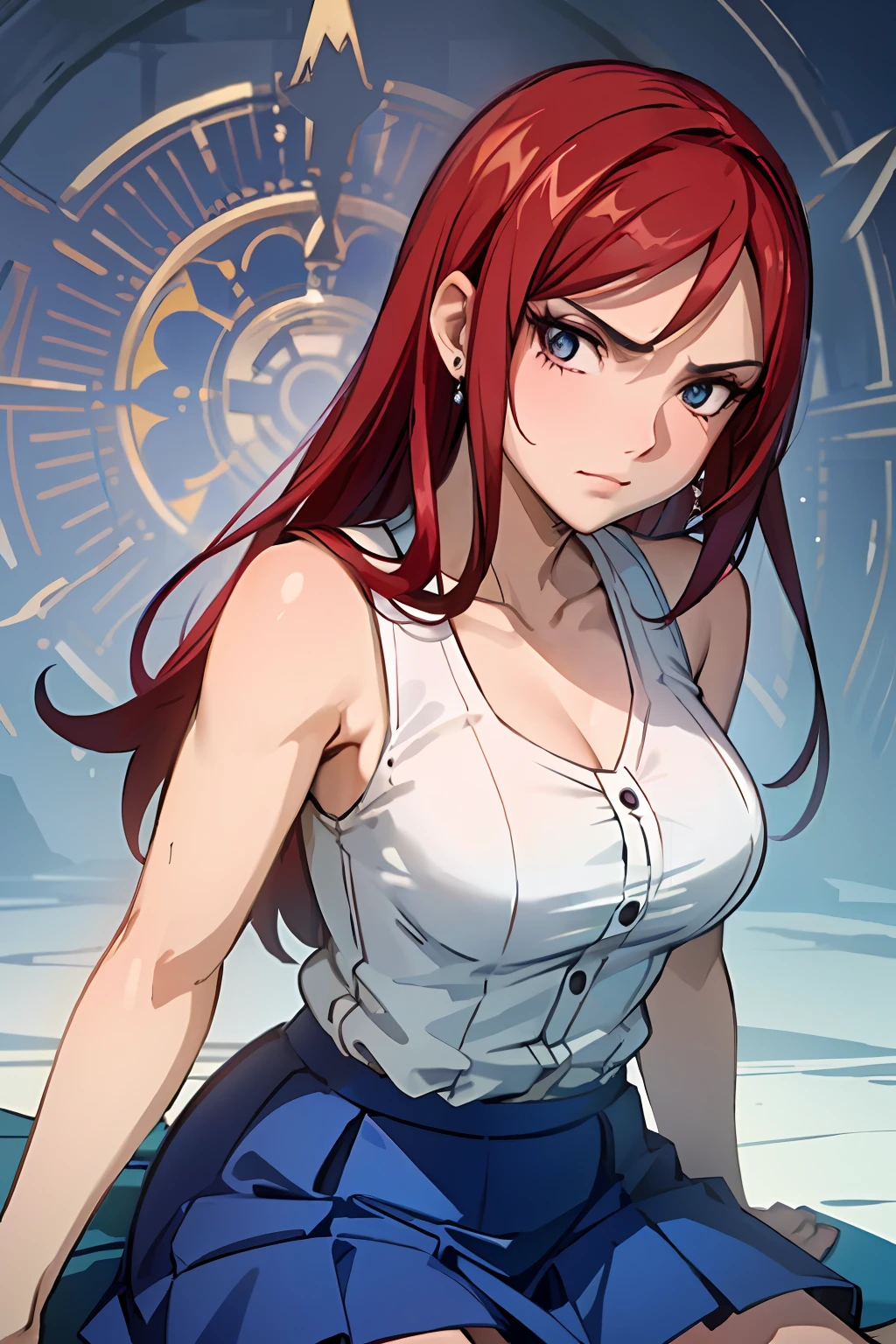 (masterpiece, top quality, best quality), 4k, perfect-lighting, symmetrical face, solo, Erza Scarlet, devastating look, red hair, breasts, blue skirt,white sleeveless shirt, cowboy shot