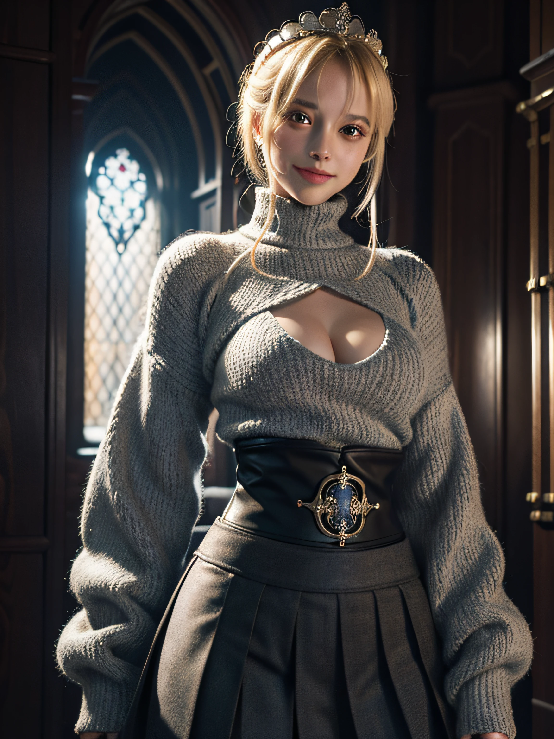 (Artoria Pendragon), oversized sweater, pleated skirt, girl, waist up, smile, beautiful lighting, deep shadow, best quality, masterpiece, ultra highres, photorealistic