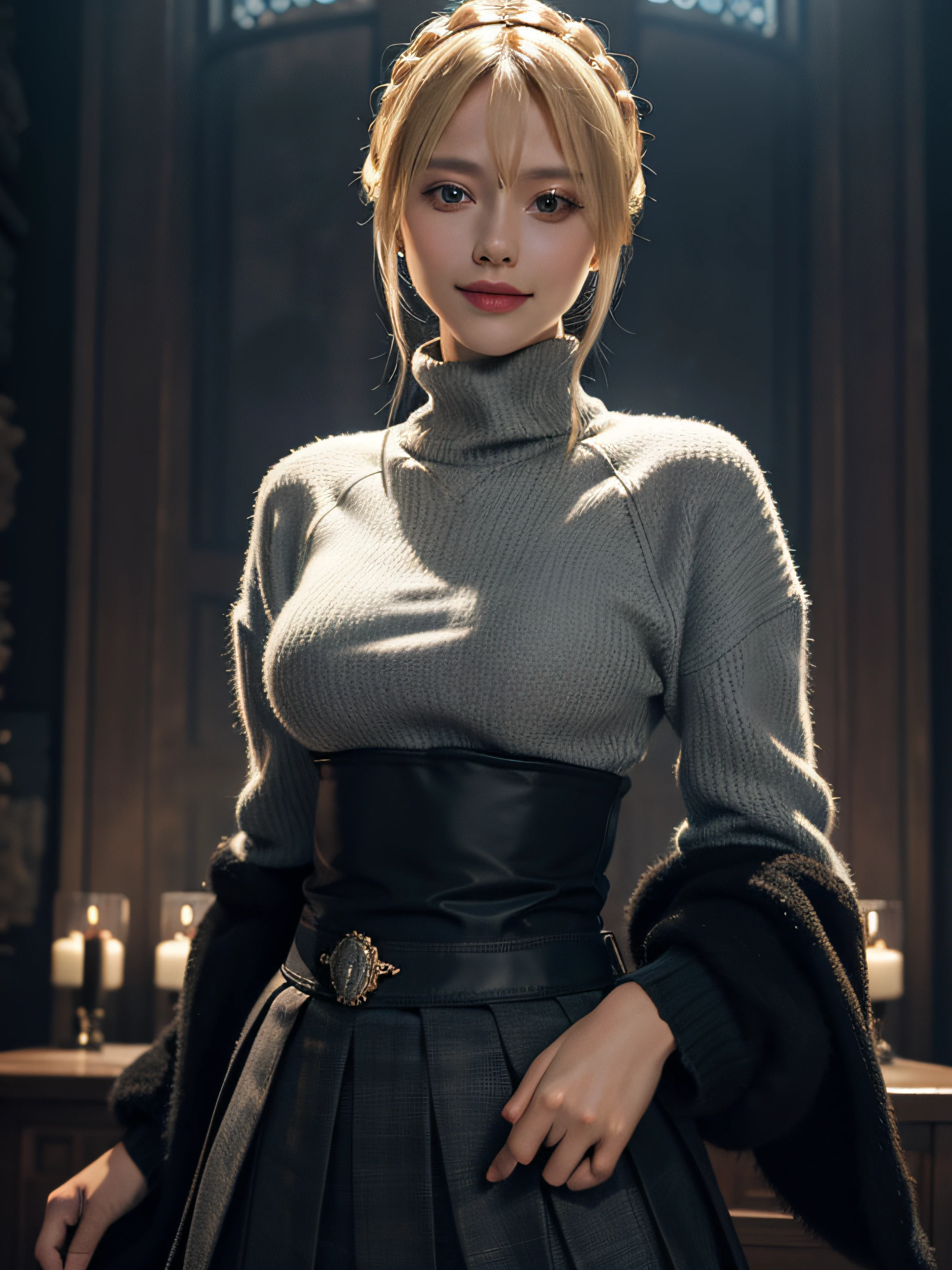 (Artoria Pendragon), oversized sweater, pleated skirt, girl, waist up, smile, beautiful lighting, deep shadow, best quality, masterpiece, ultra highres, photorealistic