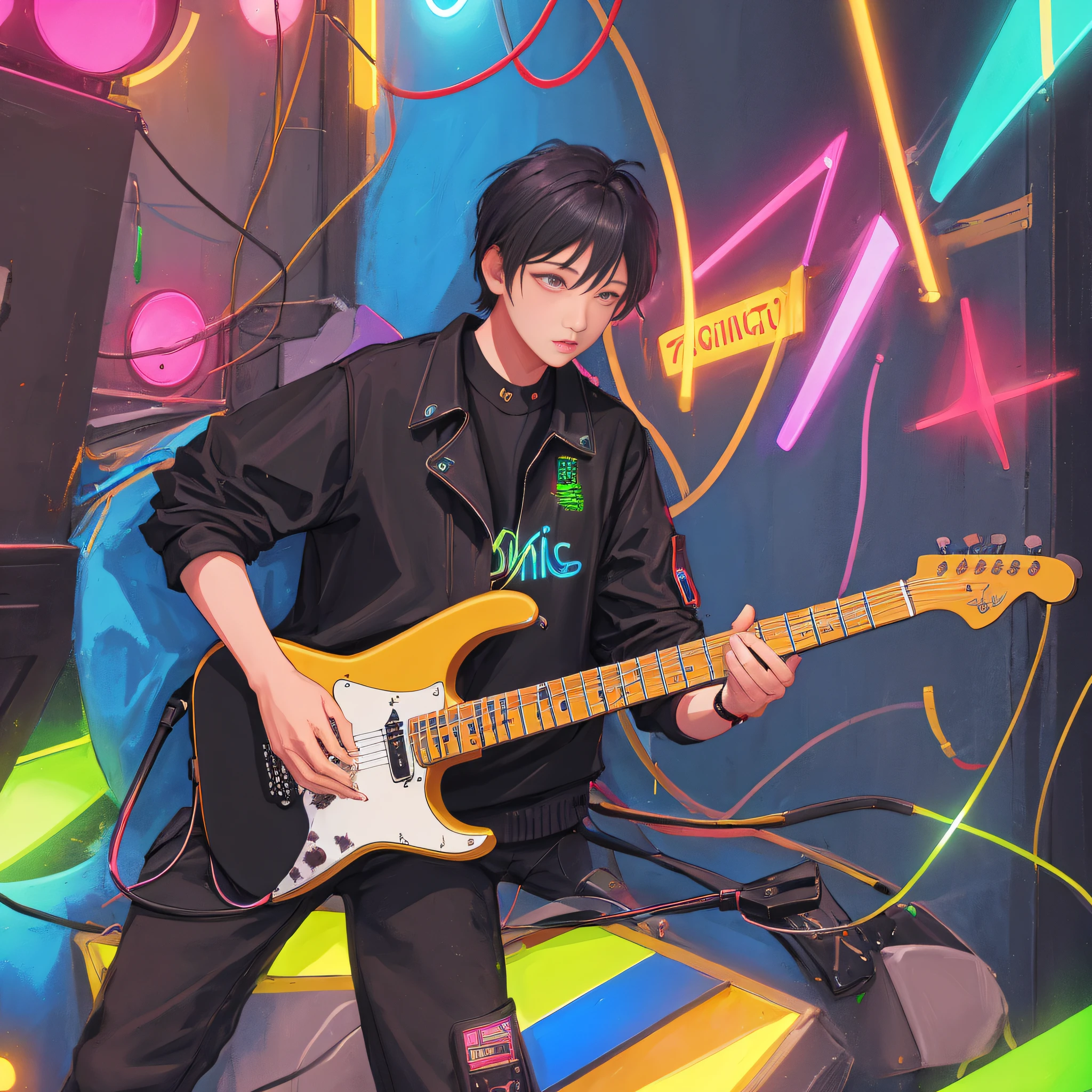 (boy) witg long black bang playing instrument, playing guitar, electic guitar, night club, neon lighting