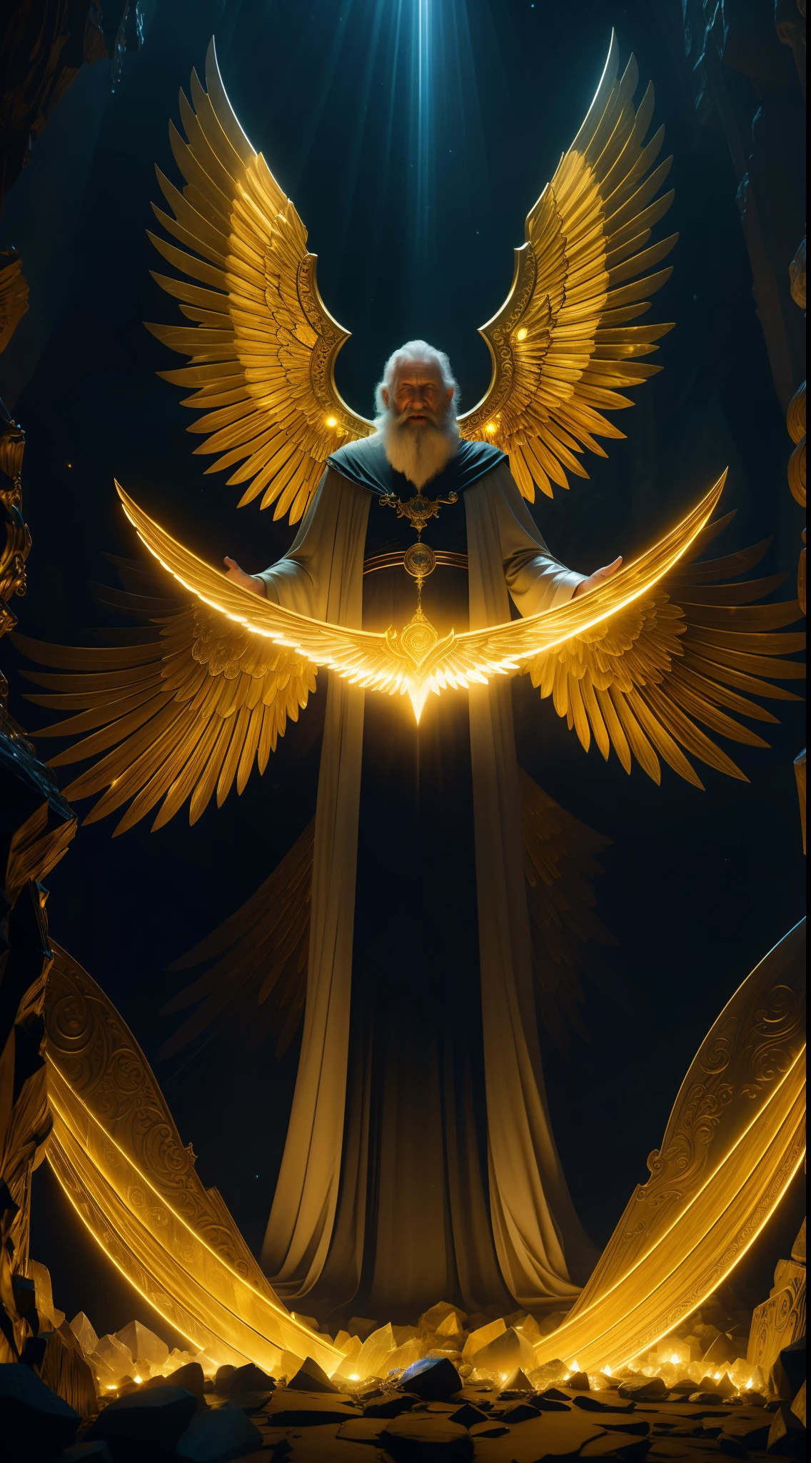 super high resolution, best quality, photo, 8k, (photorealistic: 1.2), cinematic lighting, An old man shaped like a fantz wlop, giant man with beard in bright white robes and floating on the crystal throne floating on crystal clouds, yellow eyes, bright yellow light emitted from the throne, precious stones floating in the sky, God, with beams of light enveloping his body,  with large translucent, feathered wings on the crystal throne, wings are open, golden light (halo:1.2) over your head, abdominal muscles dressed in medieval golden armor, beard, masculine, dark, masterpiece, best quality, intricate details, snow environment and crystals in the background, crystal cathedral, portal of the future, 3D light, HD, magic, god of light, backlighting,  detailed face, DREAD, depth of field, soft lighting, tone mapped, highly detailed, concept art, smooth, sharp focus, dramatic lighting, highly detailed art, cinematic, 8K, amazing shadows (highly detailed background: 1.2)