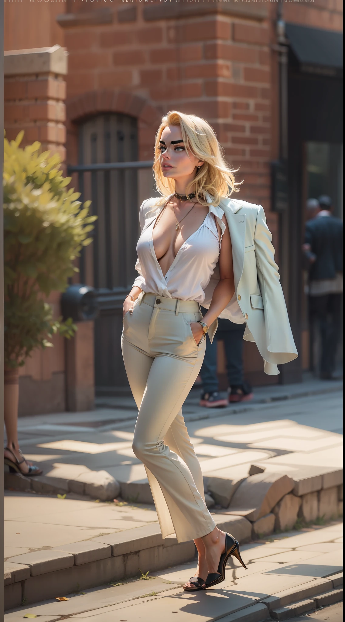 Margot Robbie, cleavage, pantalones cortos de mezclilla extremadamente ajustados, Caminando por la calle, tacones altos, sexy