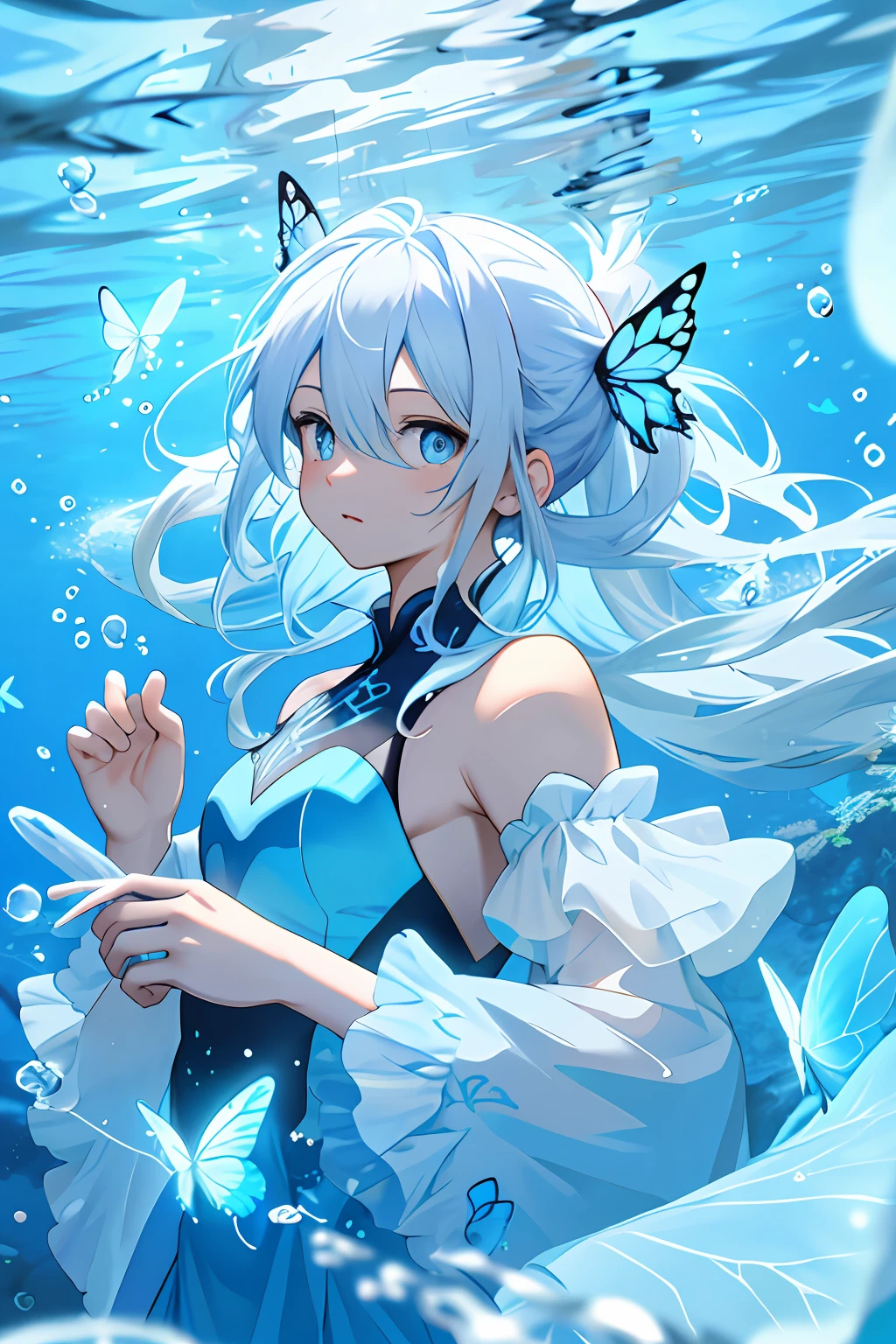 8K,Underwater,airbubble,cartoonish style,Ray traching!,1girll,blue color eyes,long white hair,Flying blue erflies,比基尼