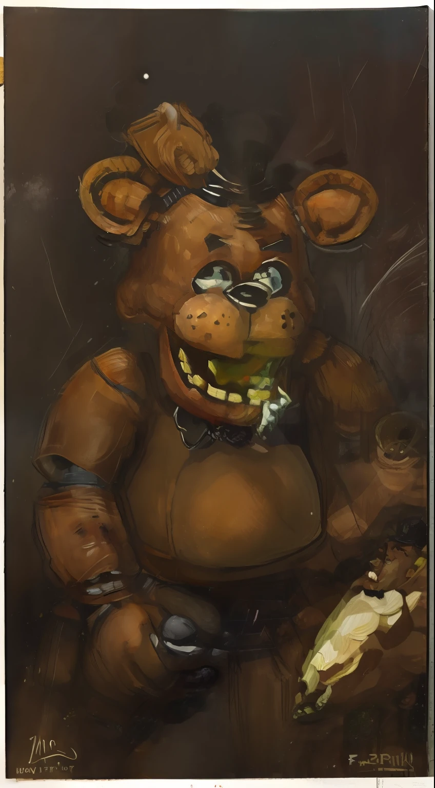 The oil painting Saturn Devouring His Son by Francisco Goya but with Freddy Fazbear replacing Saturn, dark tone, depressing, gore, blood, scary, dark background, Freddy Fazbear, Freddy Fazbear replace Saturn, Freddy Fazbear biting human child, ripped flesh, eating child, Freddy Fazbear holding human child, Five Nights at Freddy's, biting human child, headless child, bloody neck, bloody child, Saturn Devouring His Son, style of Francisco Goya, high detail, hyper detail