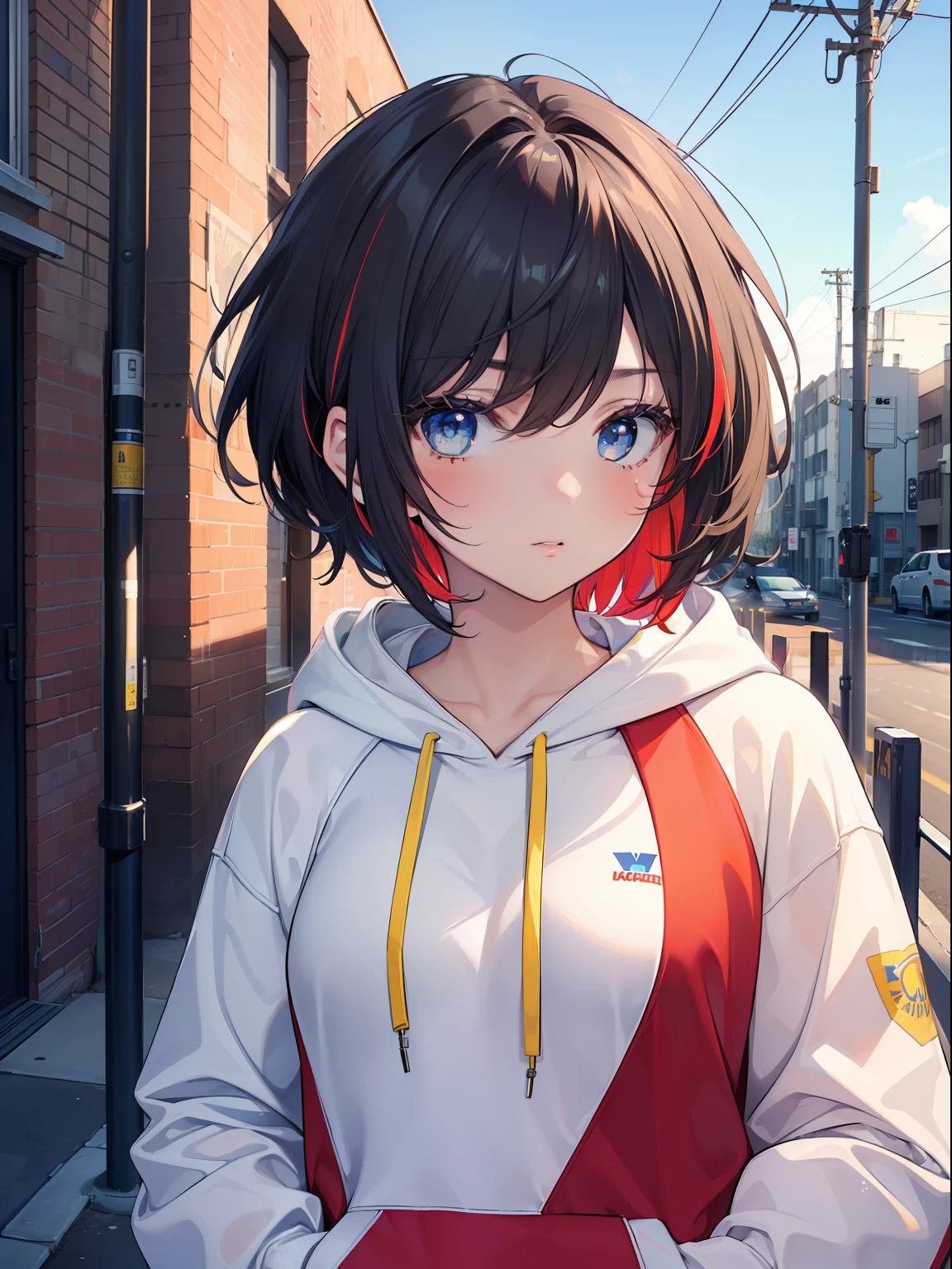 (Masterpiece, Best Quality, Ultra High Resolution, gorgeous),1girl,short hair, beautiful and detailed face, detailed eyes,(hoodie, multicolor hoodie, white, red, blue, yellow),stop at a loading dock