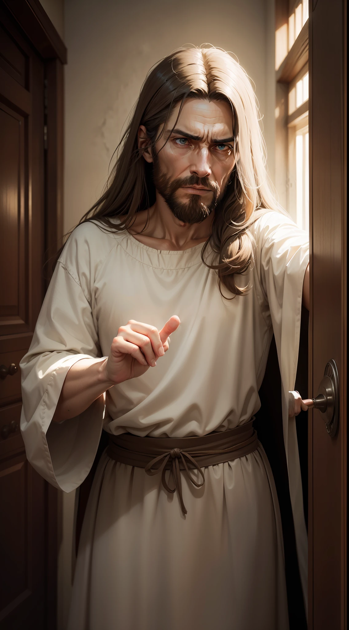 Jesus Christ with a weary and frail countenance within the house of god pointing at me.