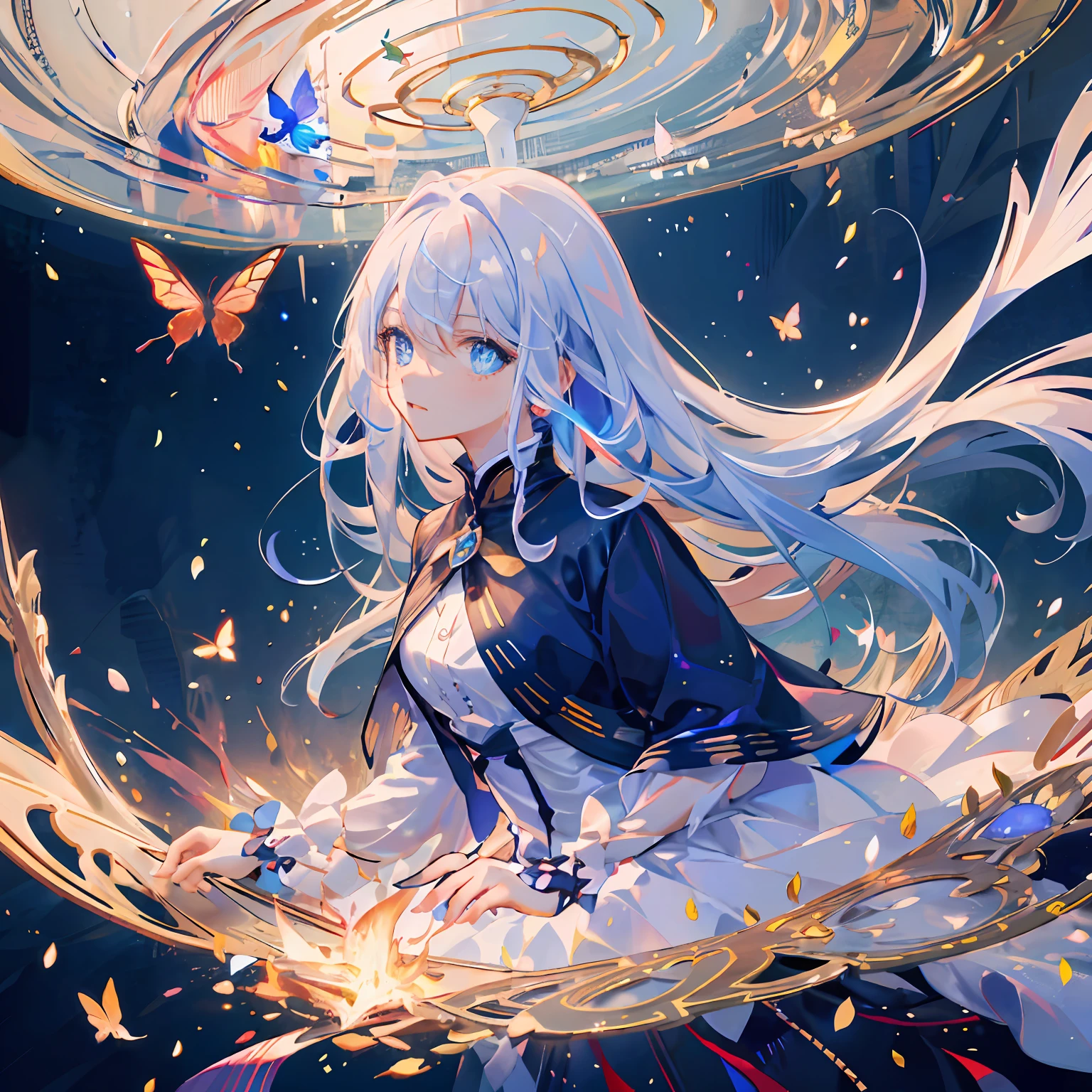 8k wallpaper，tmasterpiece，电影灯光，best qualtiy，illustratio，Dramatic angle，（（a color：1.1）），1girll，blue color eyes，long  white hair，Flying blue butterflies， The upper part of the body,