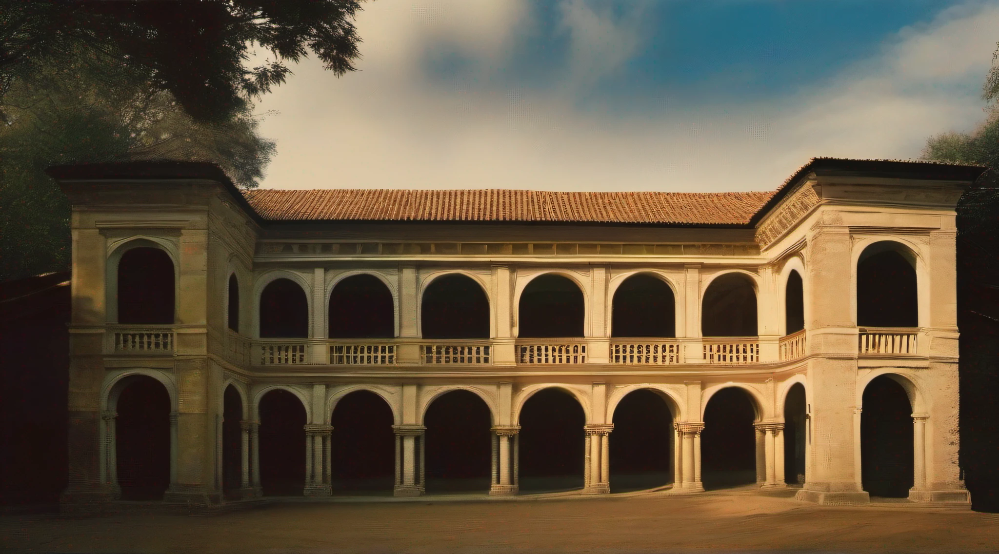 (panoramic map) Gran y antiguo y sucio convento en el bosque . still from a movie (ARRI AlexaCamera) (Lentes de 16mm) (Luz dura), realista, Altamente detallado, (En foco) (Annie Leibovitz)