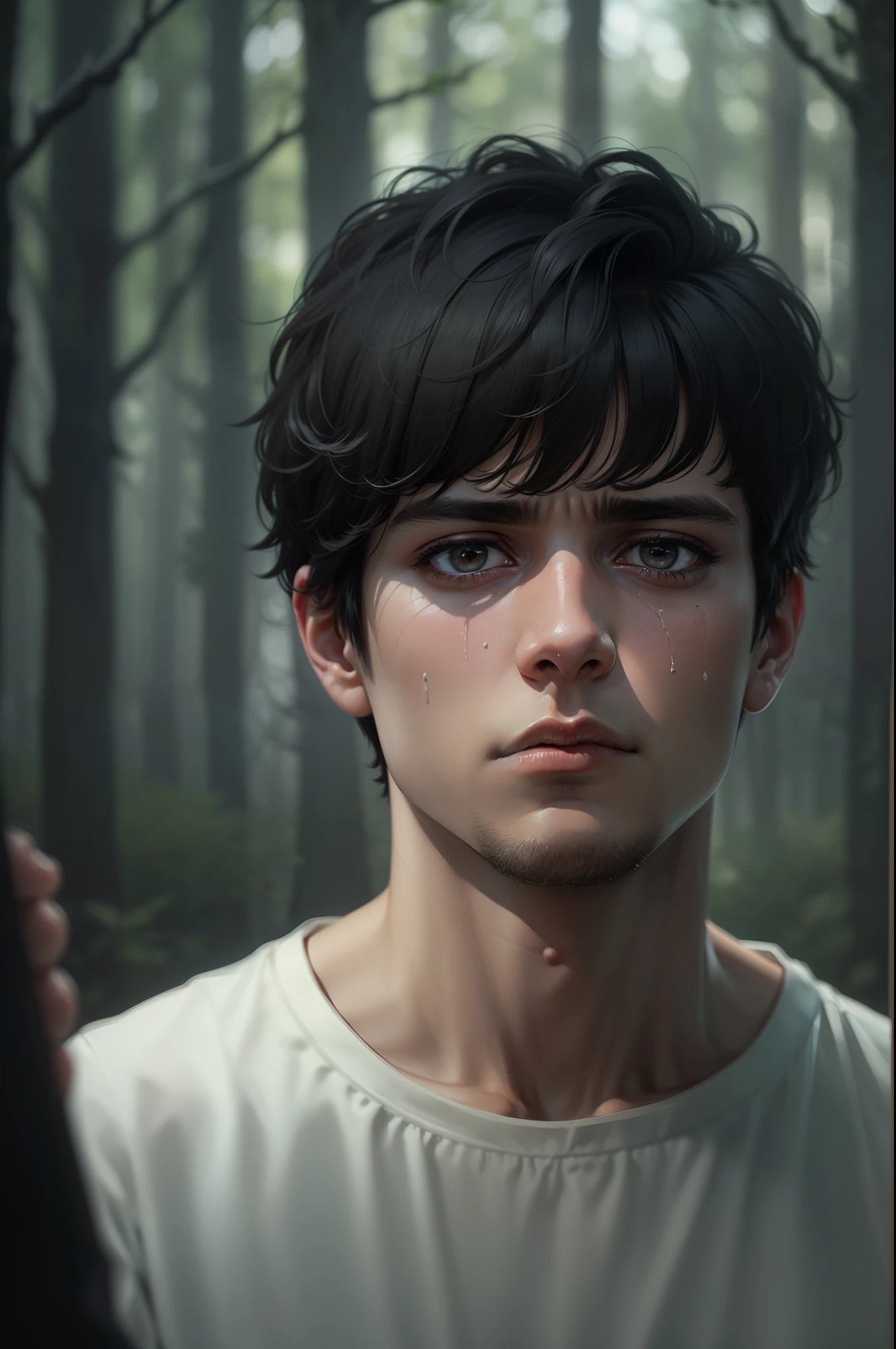 Ultra realistic image of a 25 year old man, short black hair, dressed in a plain white blouse, expression devastated by sadness, dark circles under his eyes, gloomy forest as a backdrop