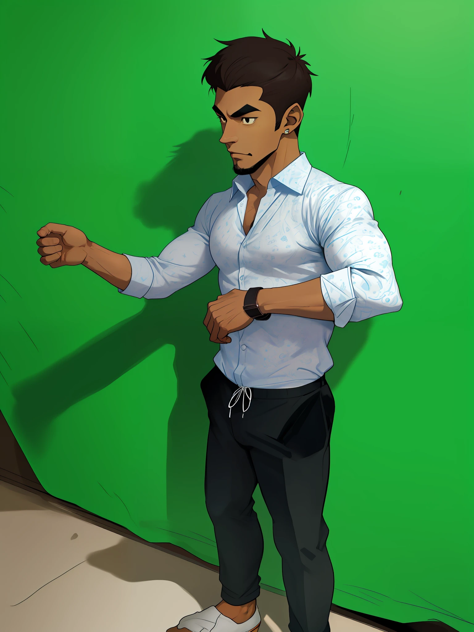 turn this man to cartoon style, brown skin, blue color shirt,handsome man , black jin pant